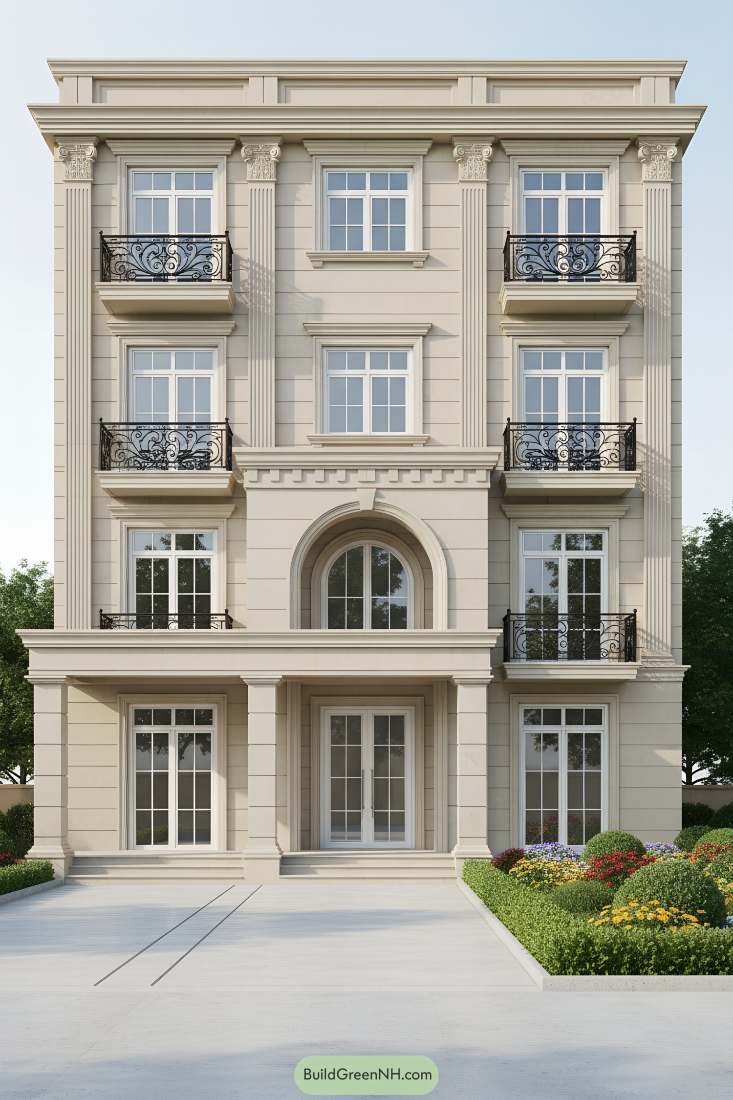 Elegant columns and intricate balconies enhance this classical facade