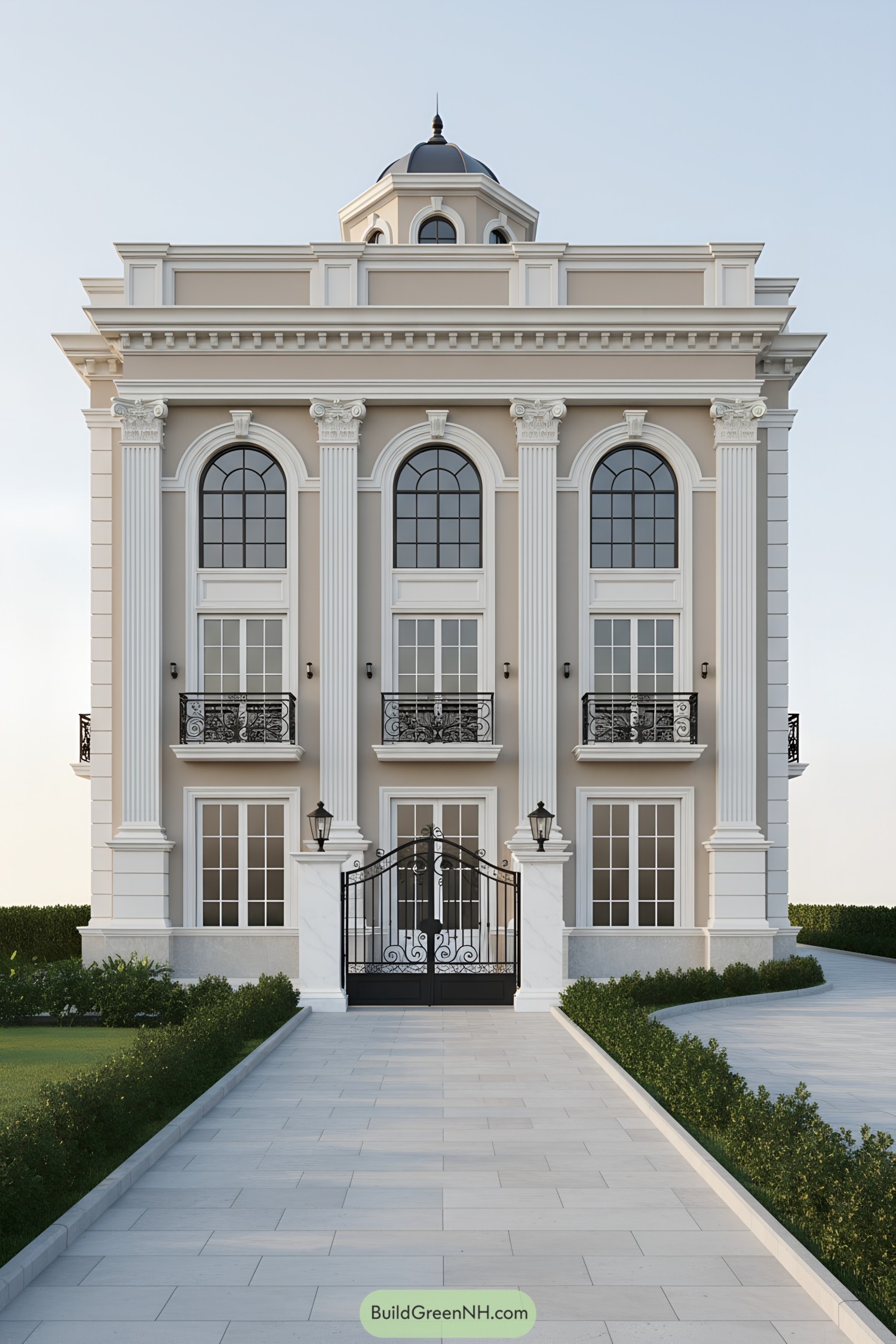 Elegant neoclassical house with columns and ornate details