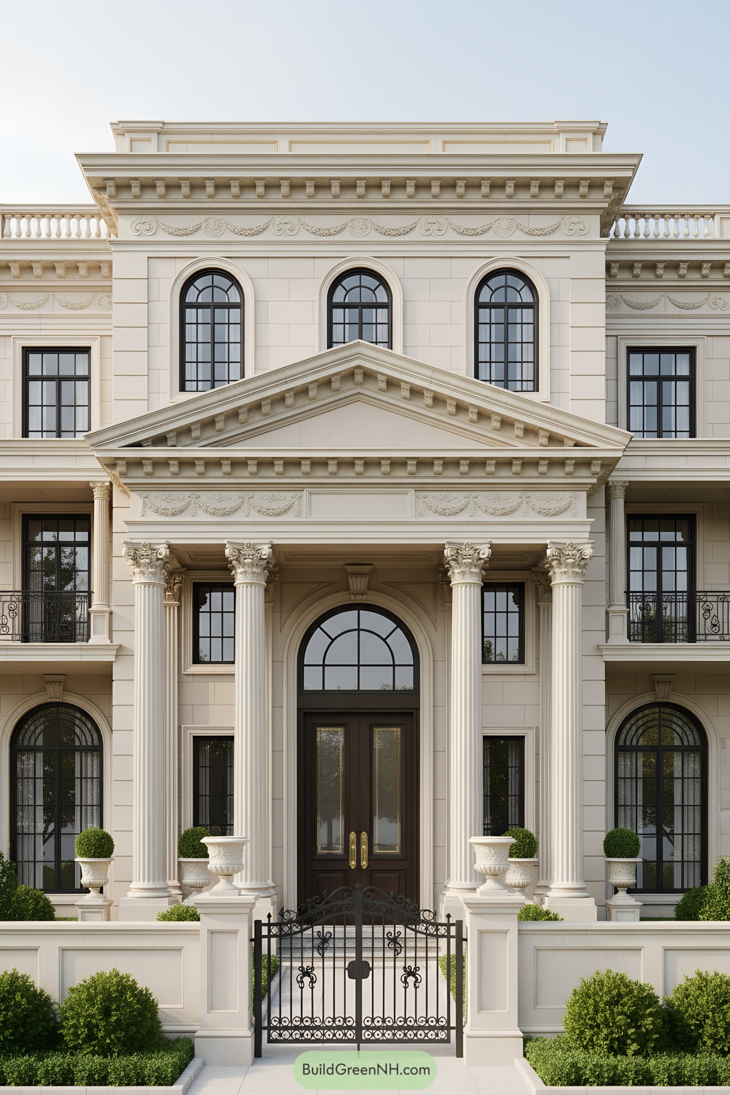 Elegant neoclassical building with columns and arched windows