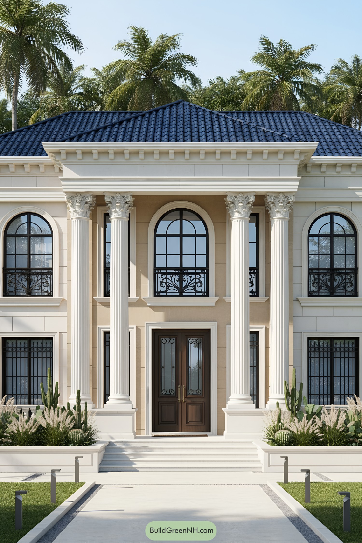 Neoclassical house with tall columns and arched windows