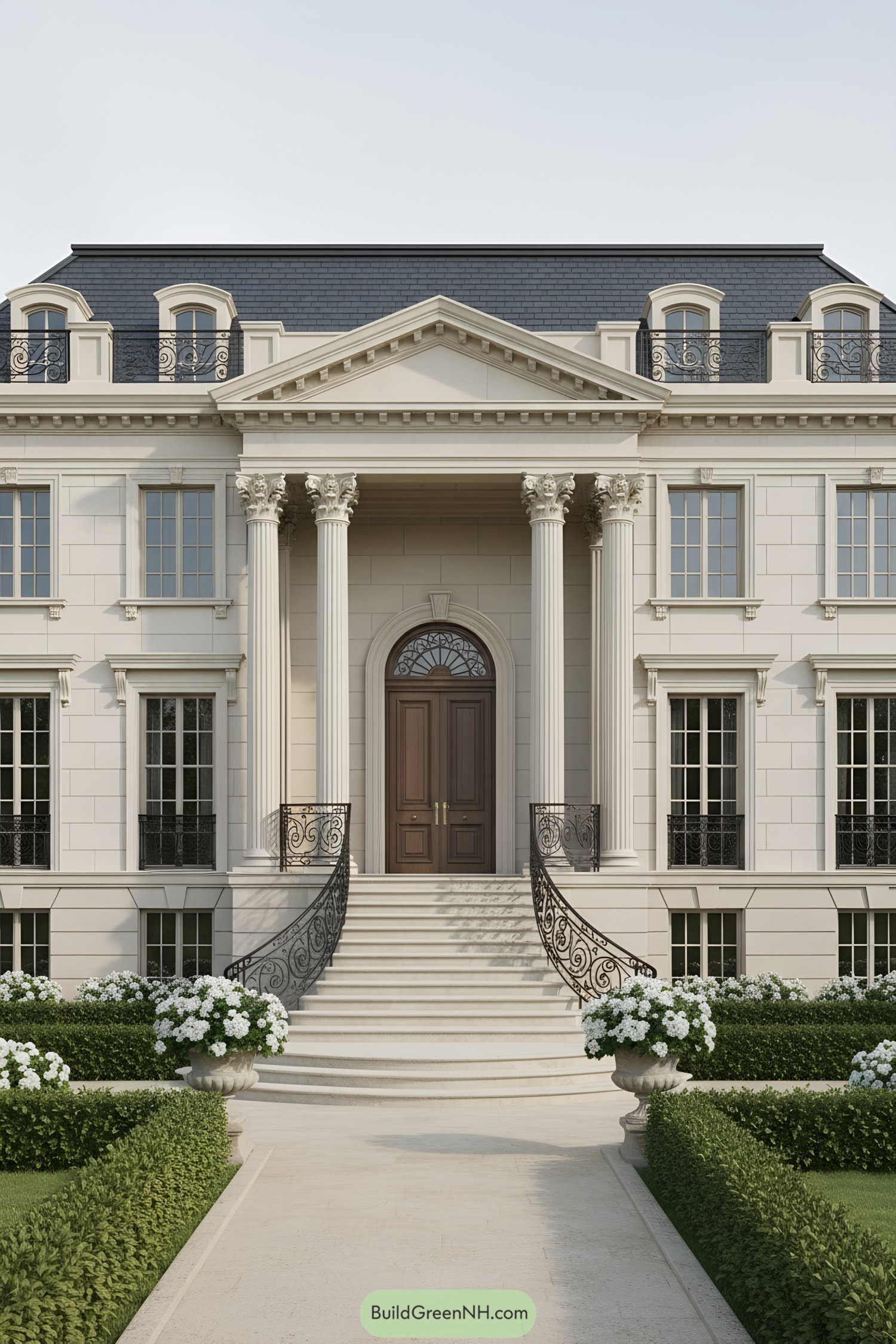 Grand entrance of a neoclassical building with columns