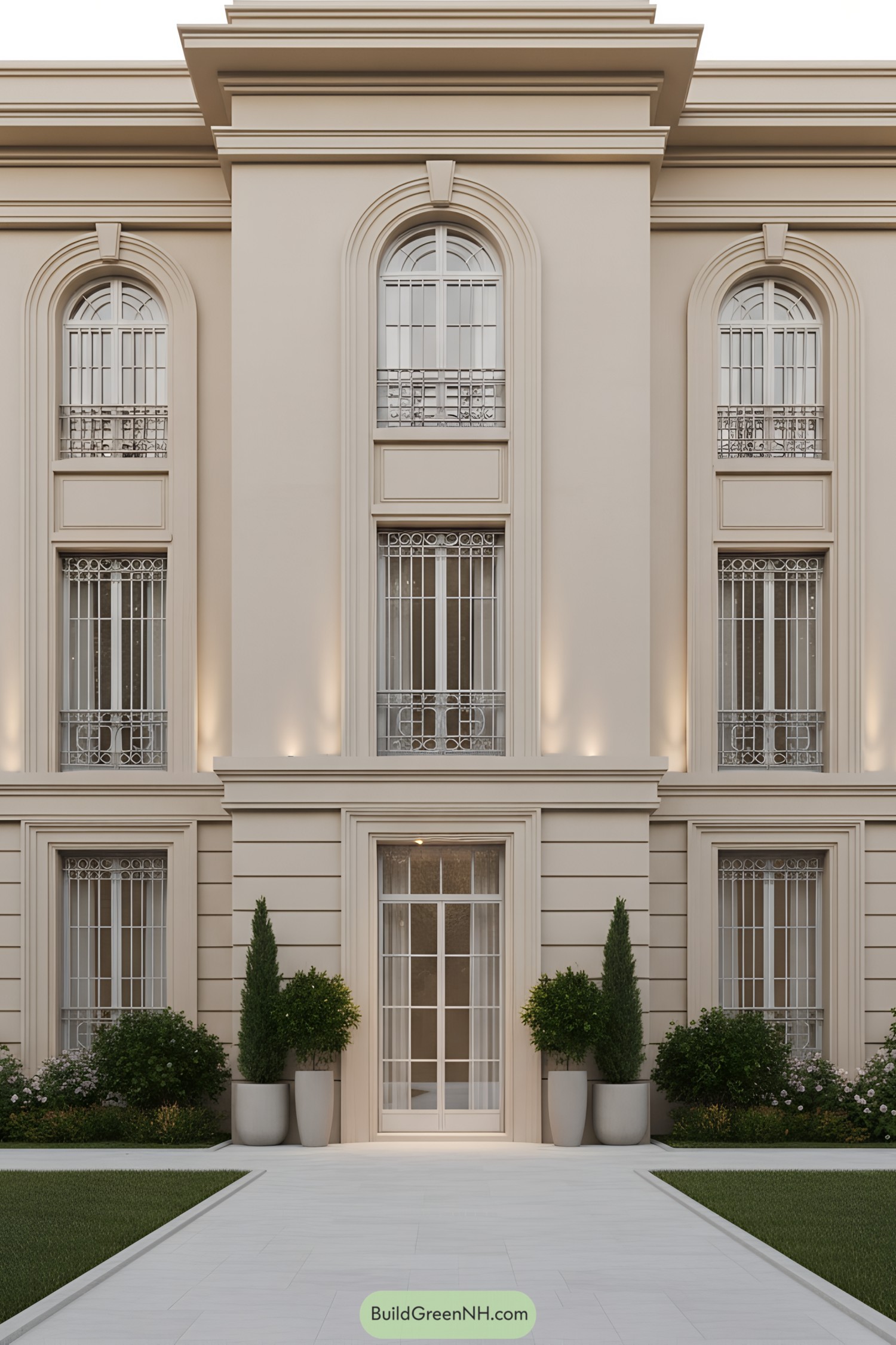 Neoclassical building facade with grand windows and columns
