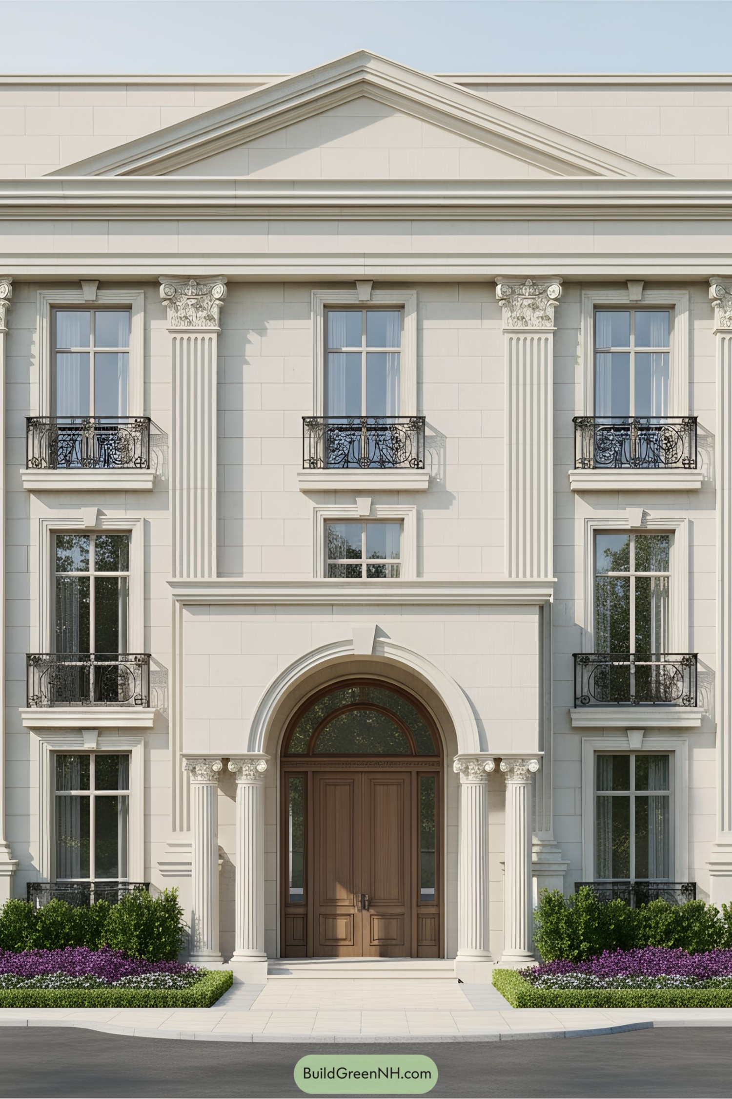 Neoclassical facade with arched doorway and columns