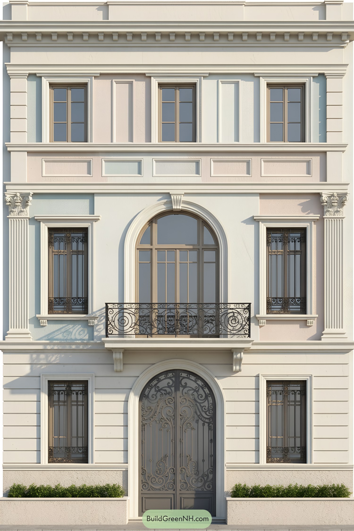 Elegant neoclassical building with intricate ironwork and stately columns