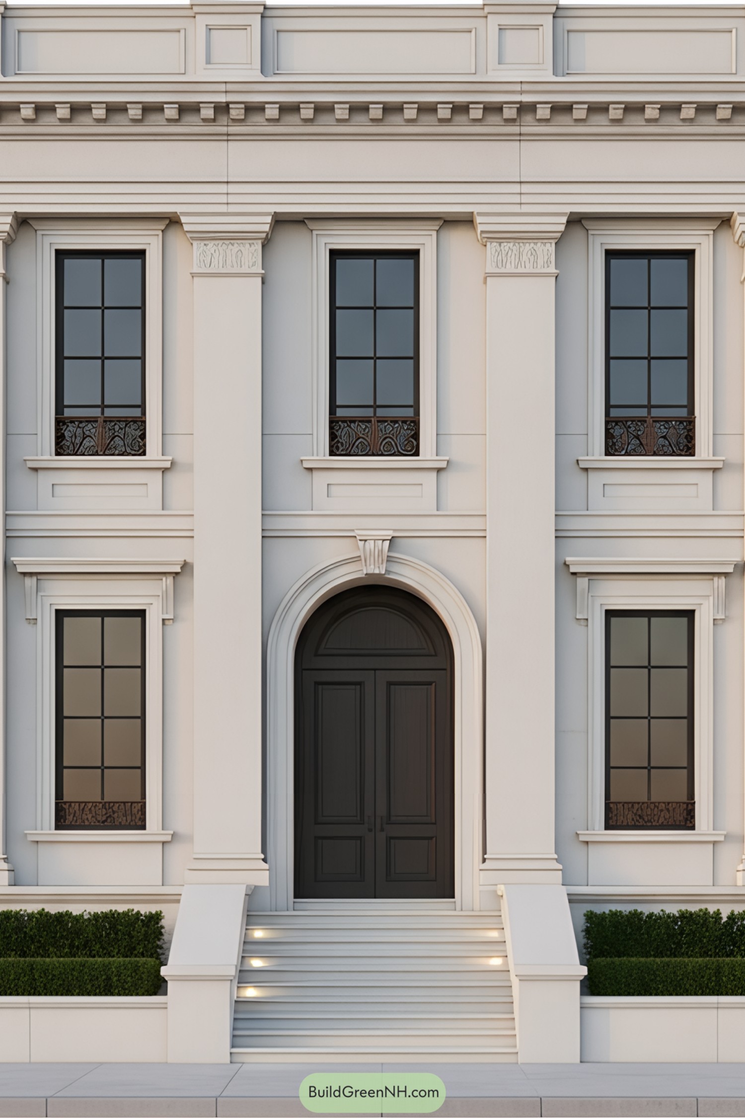 Neoclassical mansion facade with columns and arched doorway