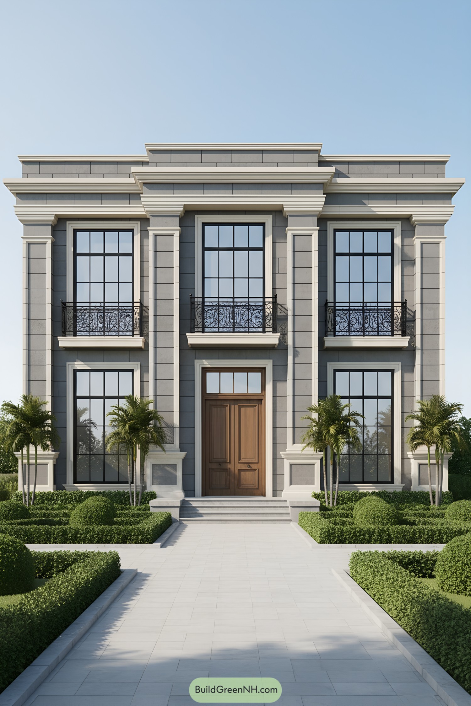 3D design of neo classical elevation, symmetrical facade with strong vertical emphasis, two-story structure with central protrusion and pilasters, gray stone cladding, subtle off-white accent lines, rectangular massing, flat parapet roof with classical cornice molding, large floor-to-ceiling windows with black frames, decorative wrought iron balcony railings, solid double wooden main door with classical detailing, paved entrance steps and pathway, minimal landscaping with trimmed bushes and palm plants, structured front garden, no additional outdoor structures visible.