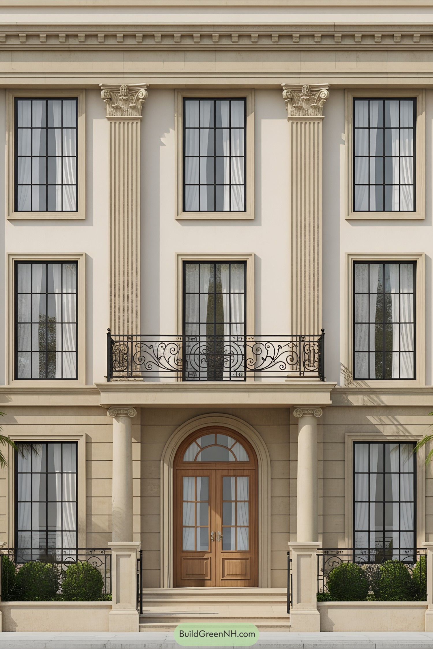 Elegant neoclassical building with columns and ironwork