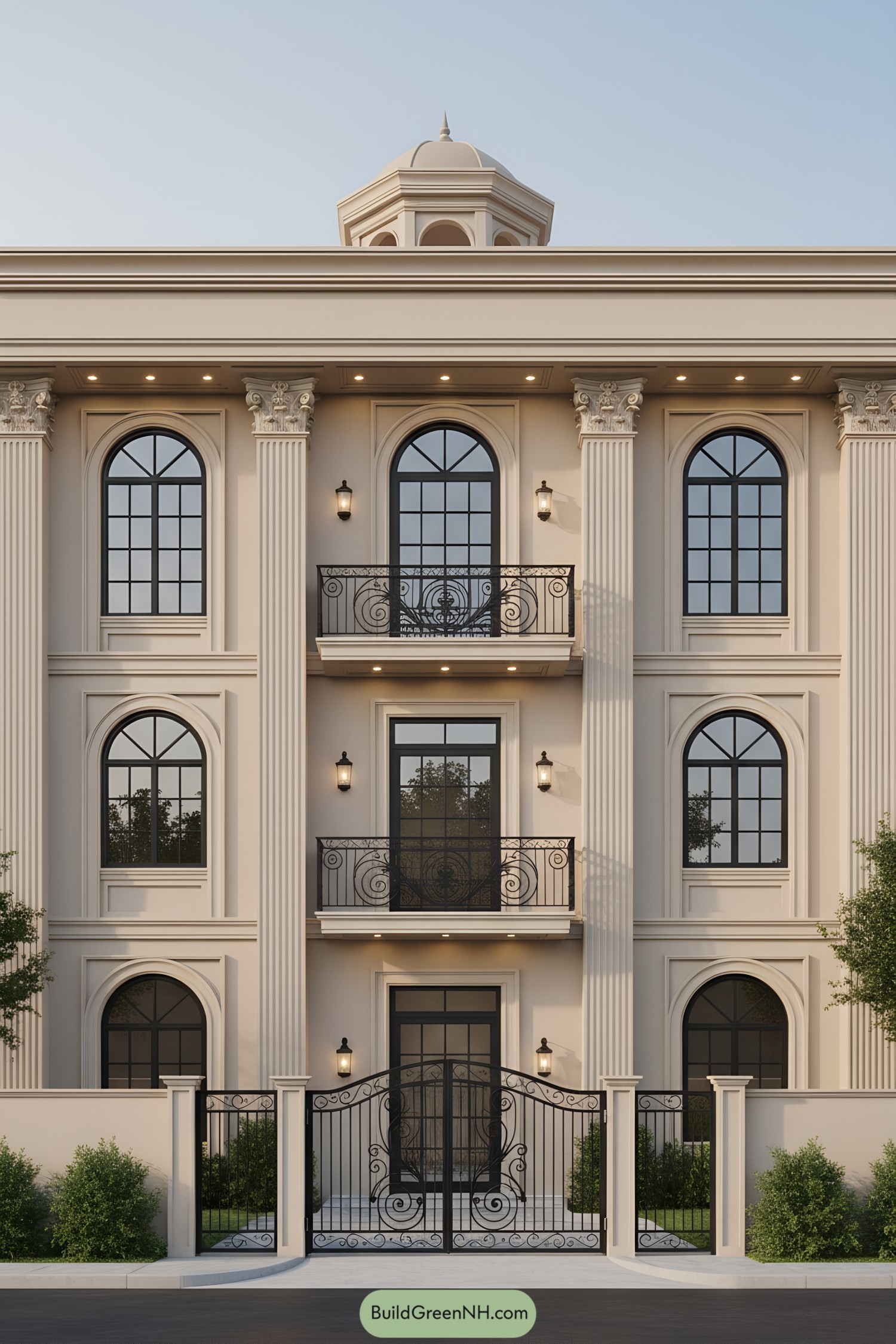 Elegant neoclassical building with tall columns and arched windows