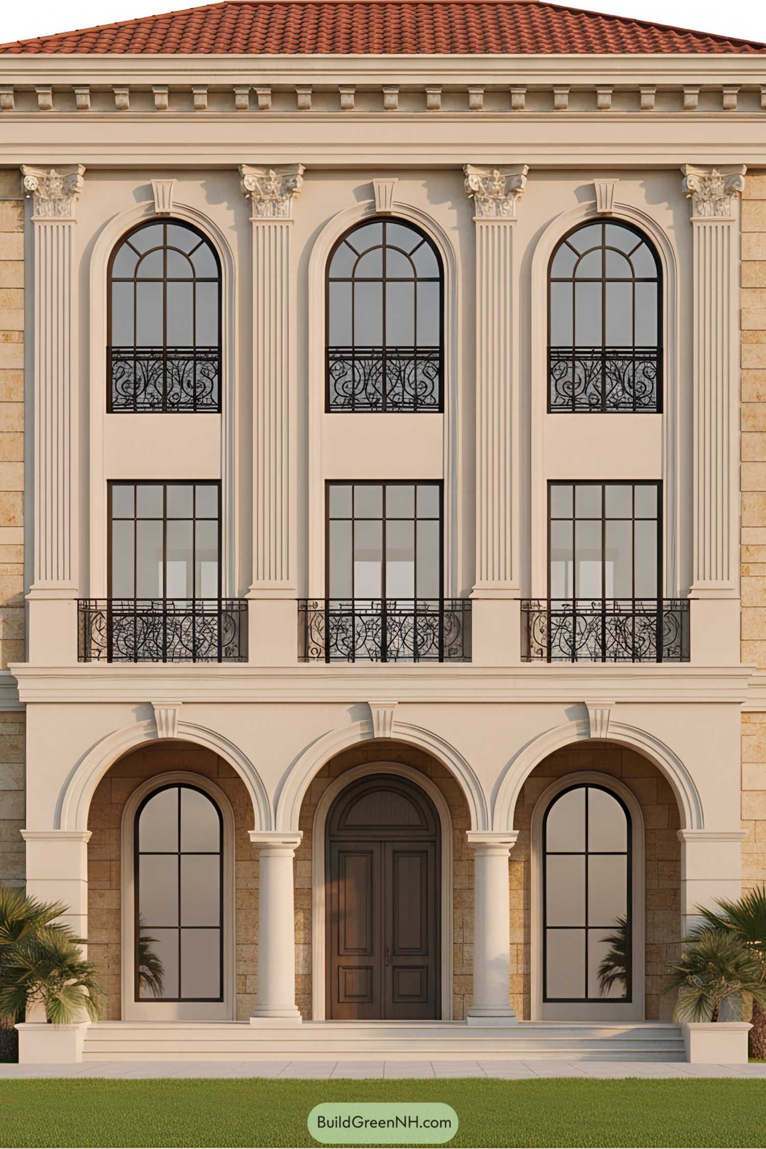 Elegant neoclassical facade with arches and columns