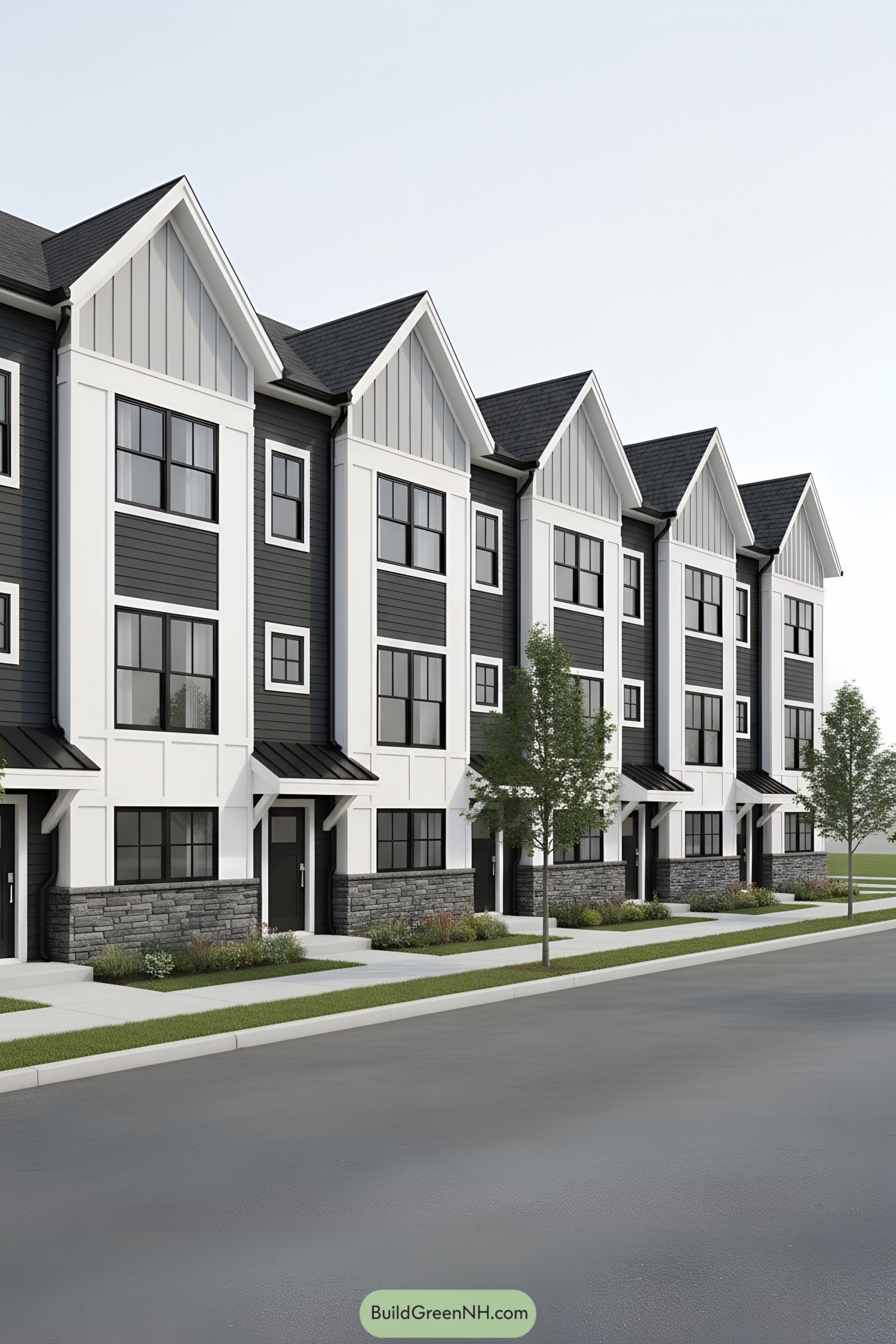 Black-and-white gabled townhomes with stone bases