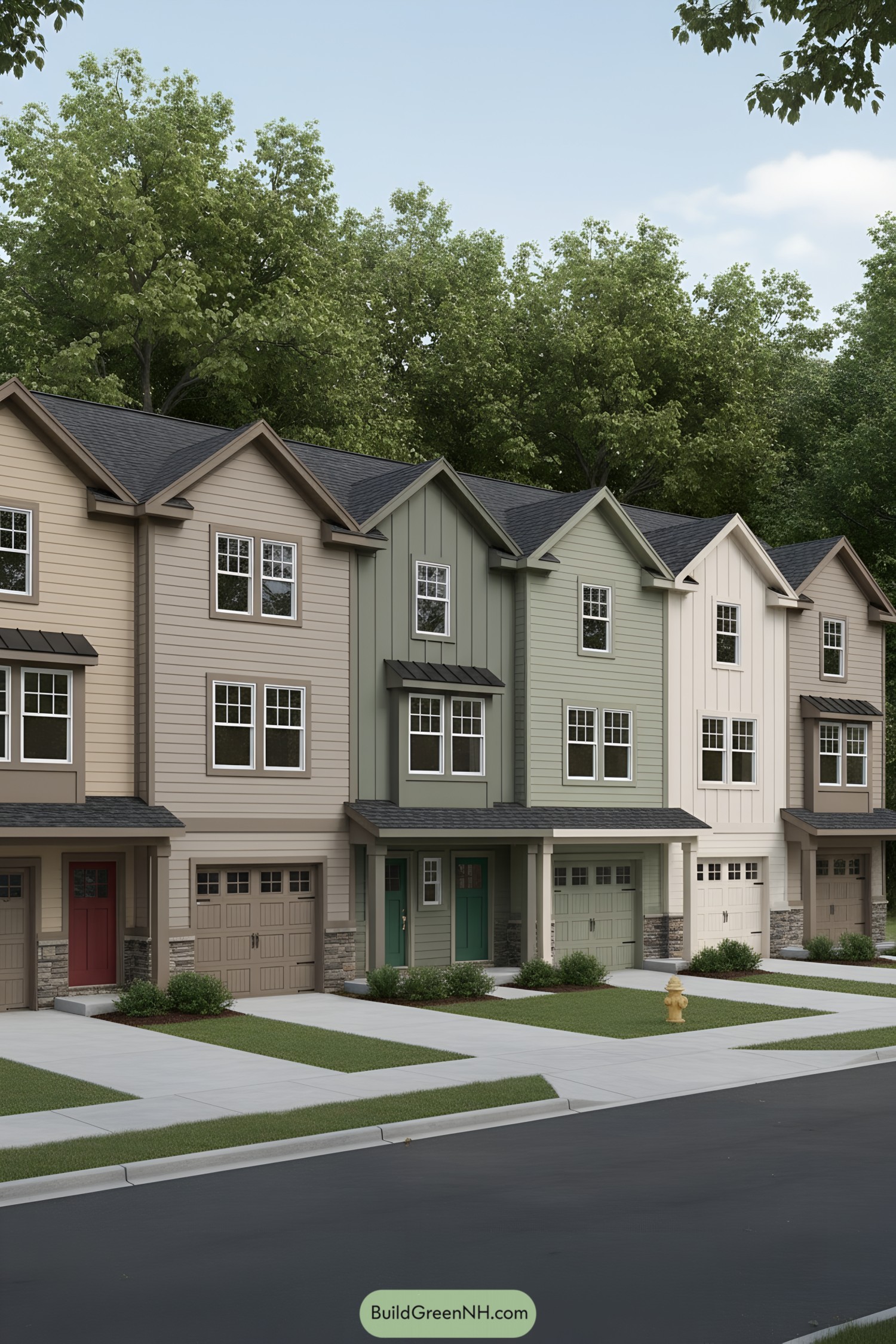 Rowhouse facades with gabled roofs and earth-tone siding