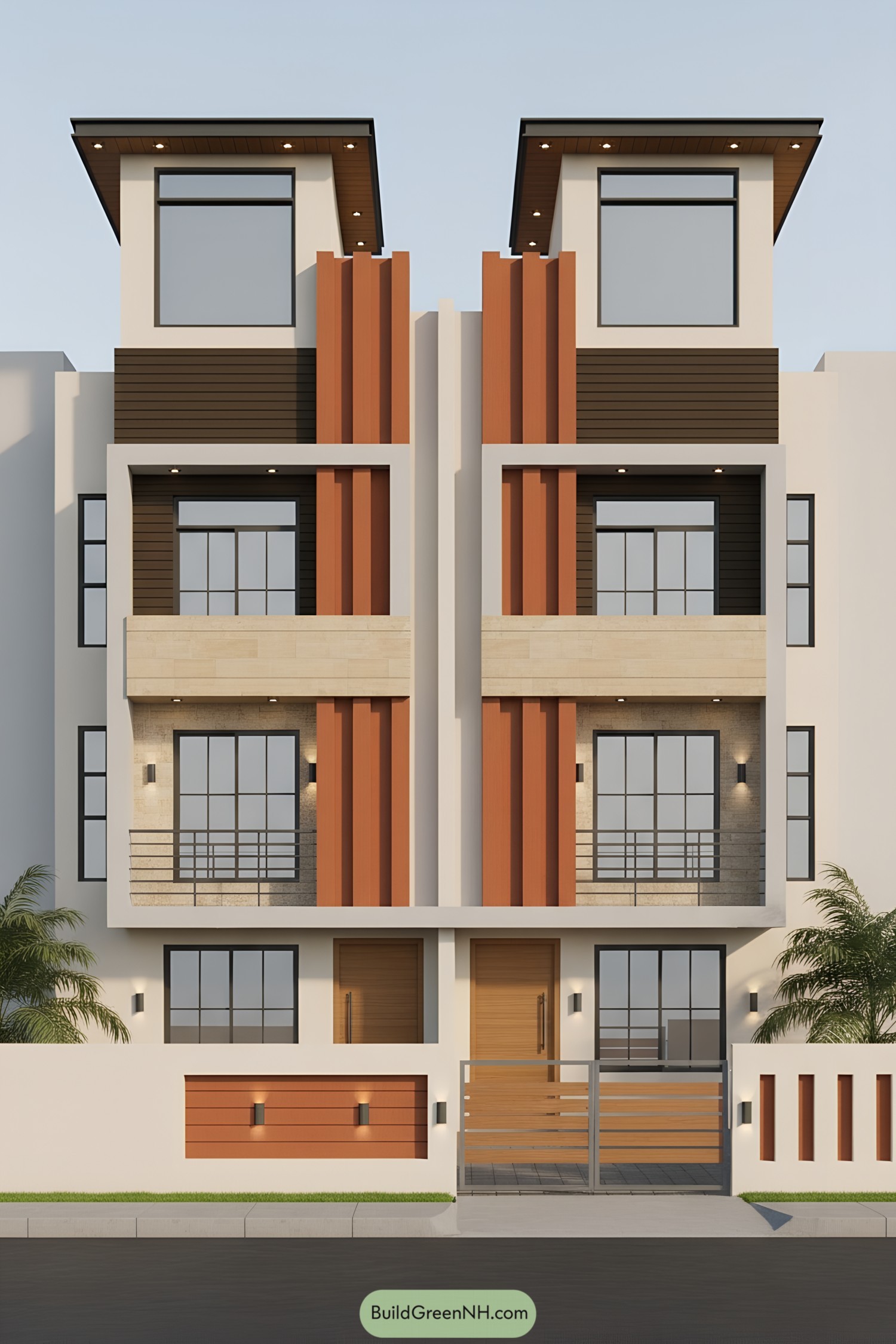 Contemporary twin rowhouses with vertical terracotta fins