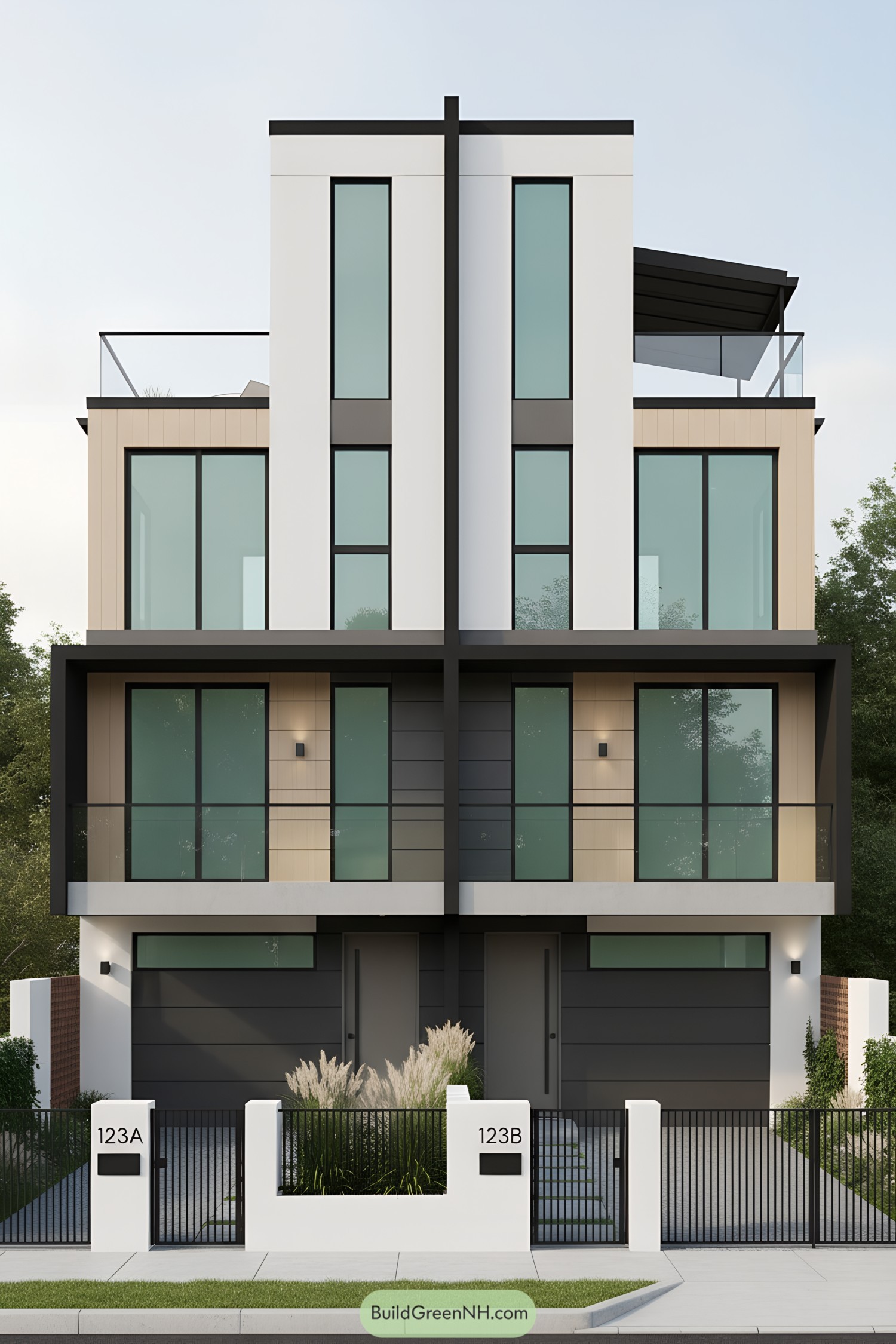 Contemporary twin rowhouses with tall glass, balconies, and rooftop terraces