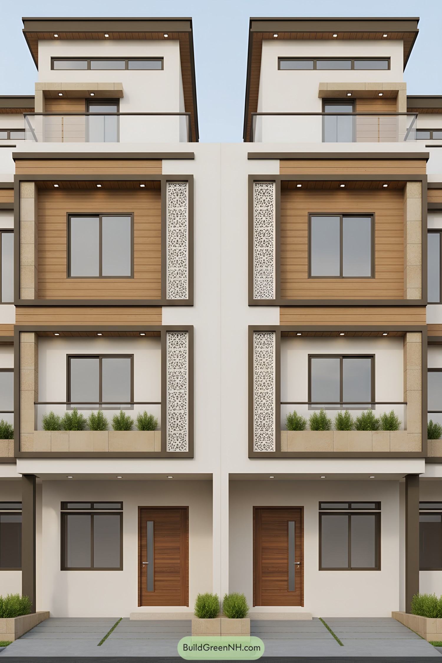 Modern twin rowhouse facades with wood cladding, perforated screens, and planter-lined balconies
