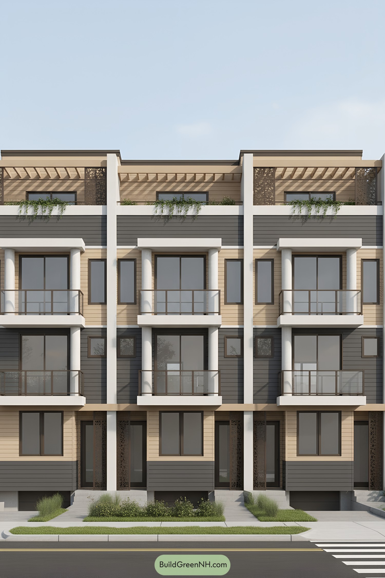 Contemporary rowhouses with balconies and rooftop pergolas