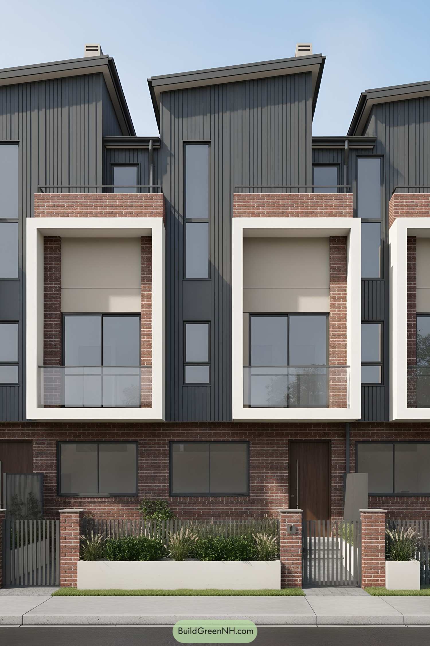 Modern rowhouse facade with brick, metal, and boxed balconies