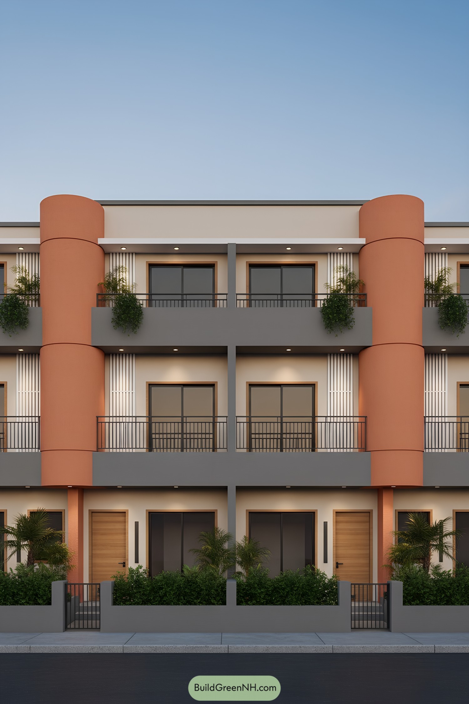 Three-Story Rowhouses With Terracotta Cylinders