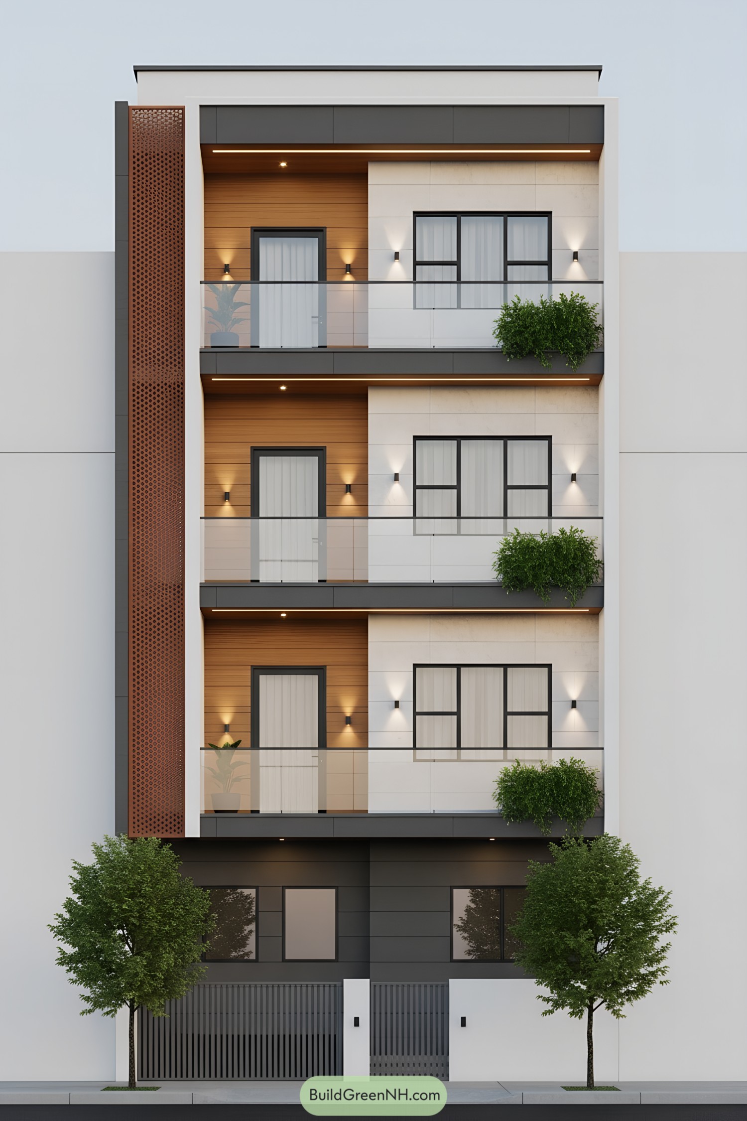 Modern rowhouse facade with bronze perforated screen, wood-look cladding, glass balconies, and planter boxes