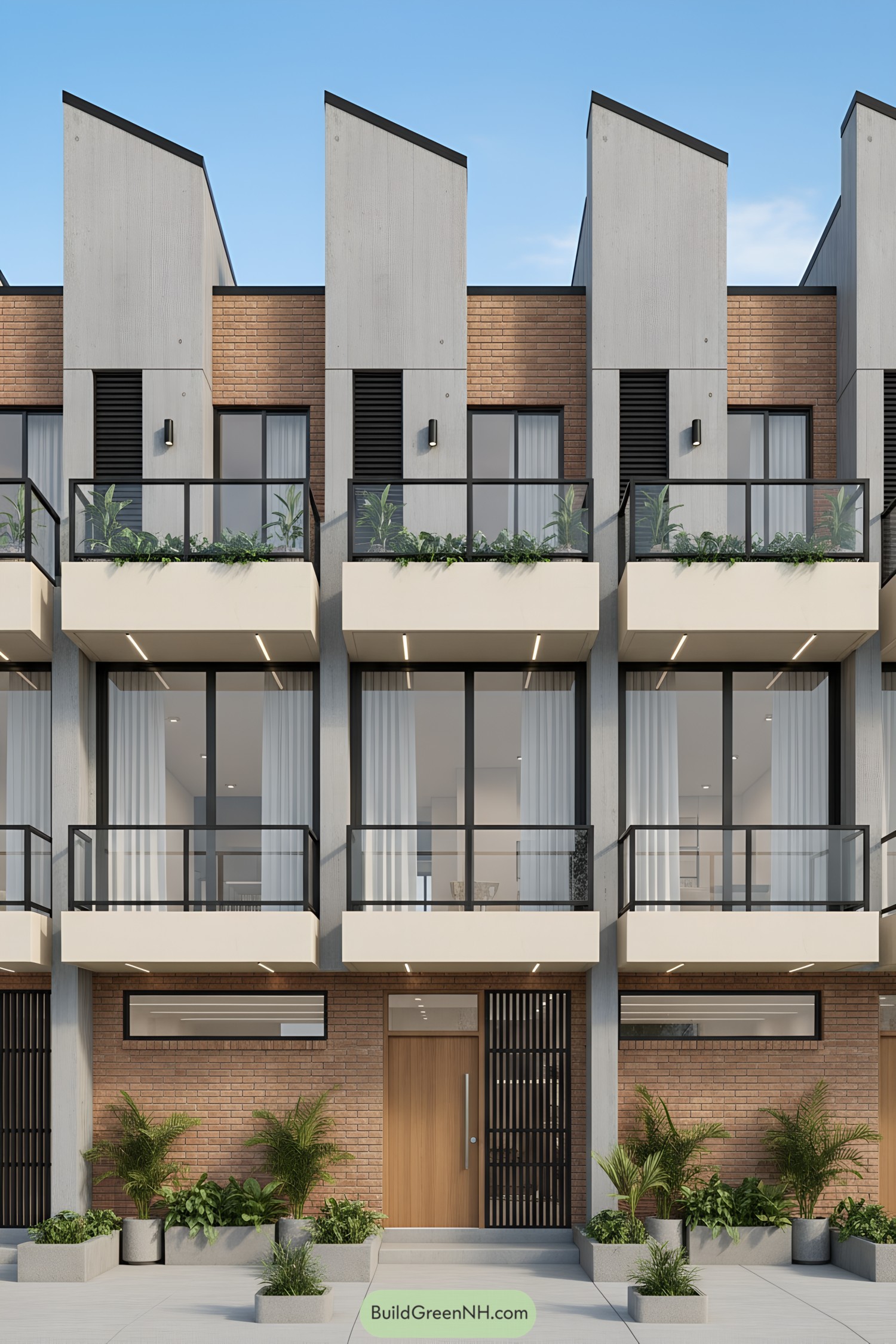 Modern rowhouse facade with sawtooth rooflines, brick and concrete, balconies with glass rails, and planters