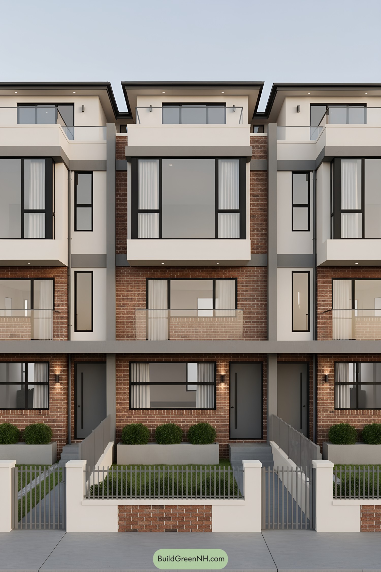 Contemporary rowhouse facade with brick and glass