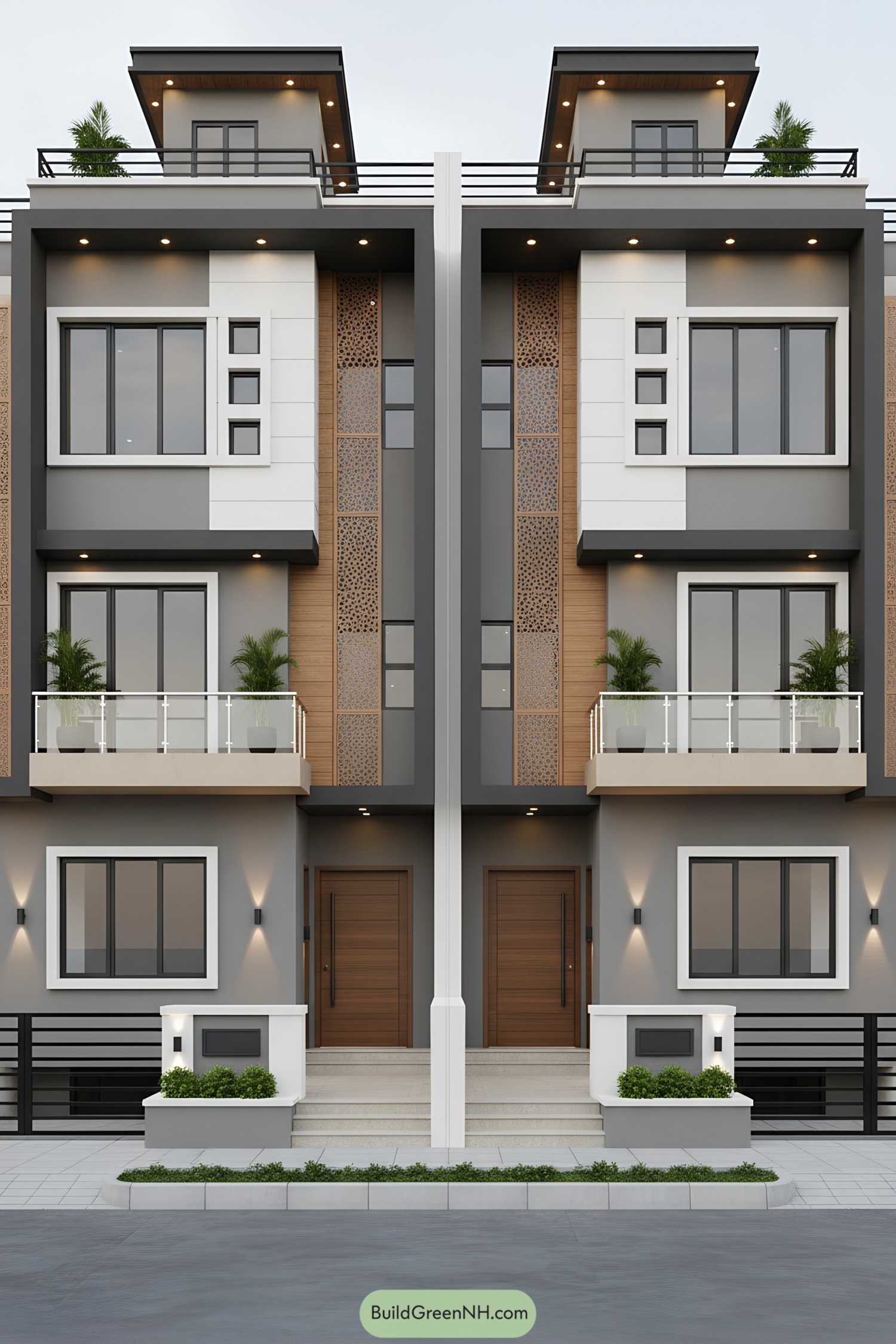 Twin rowhouses with gray-white cladding, wood accents, balconies, and perforated metal screens