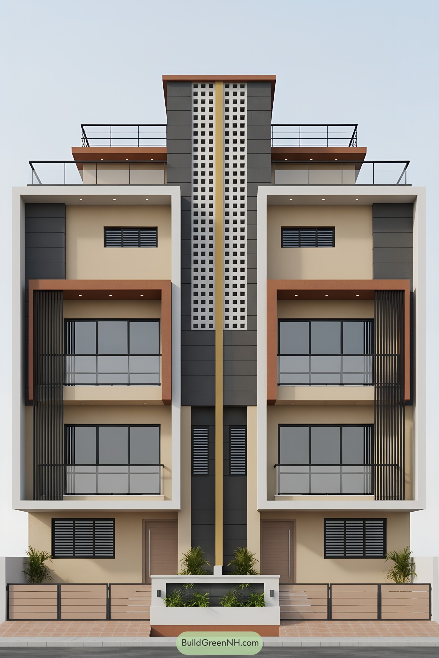 Modern twin rowhouse with central perforated spine and layered balconies
