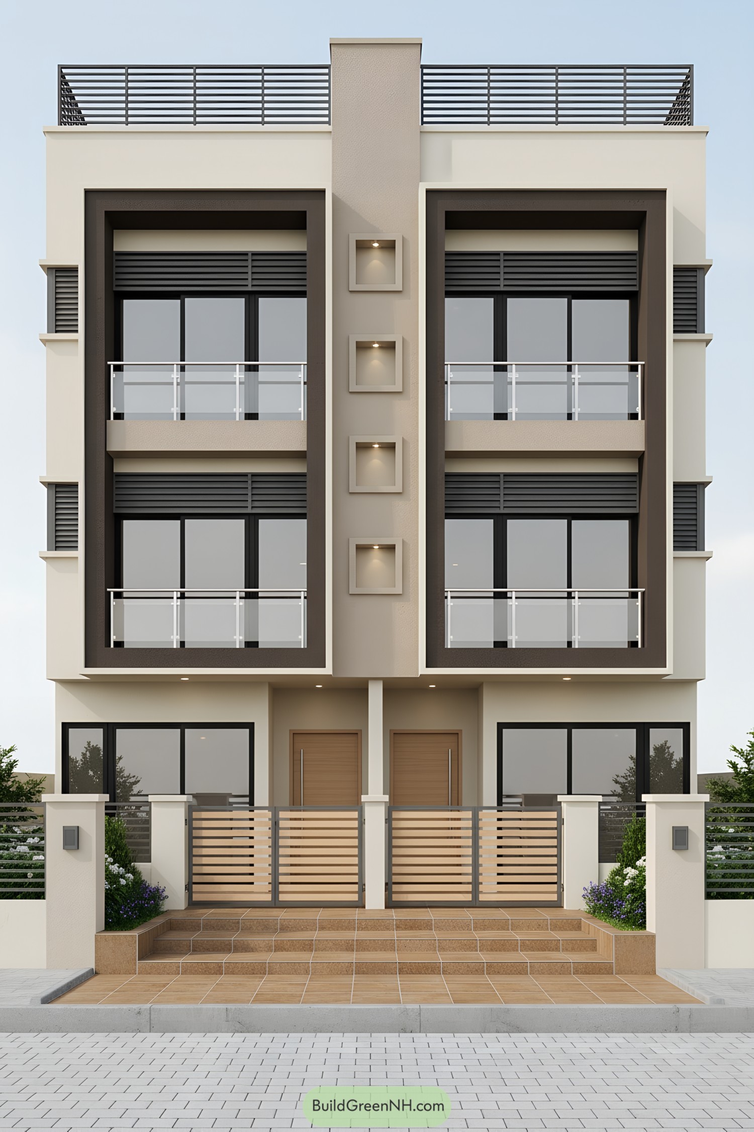 Modern twin rowhouse with stucco frames, glass balconies, and central light column