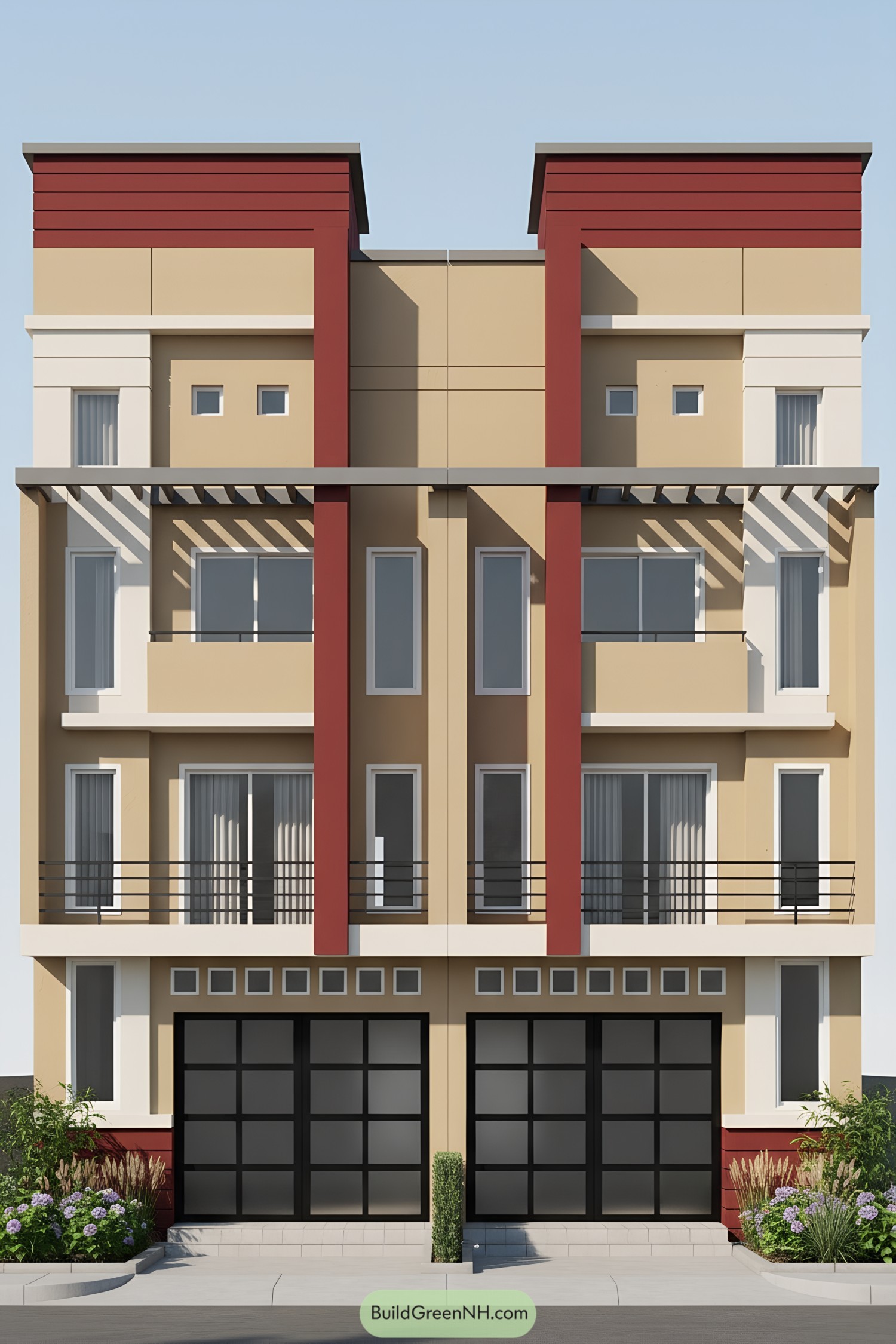 Two-tone modern rowhouse with red vertical fins, balconies, pergola shadows, and twin garages