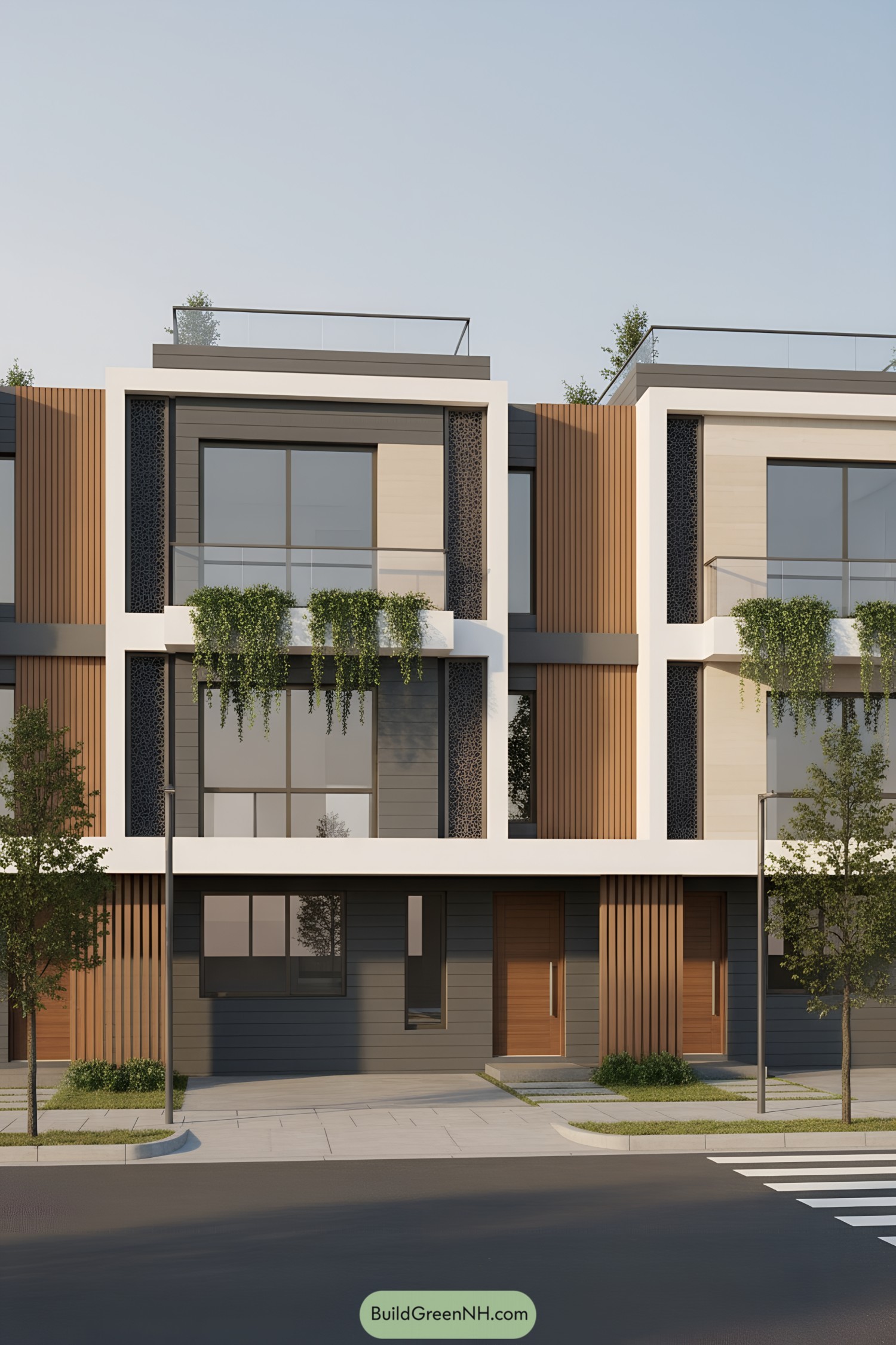 Contemporary rowhouse facade with wood slats, large glazing, and planter balconies
