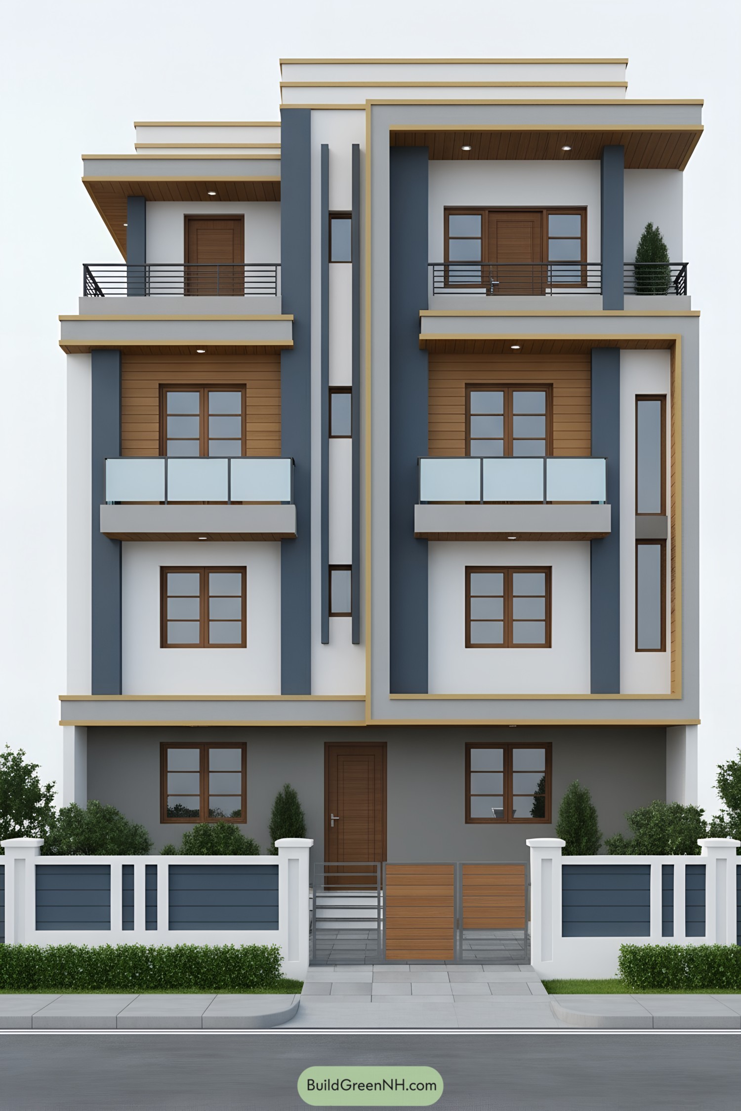 Modern twin rowhouse with stacked balconies and blue-gray frames