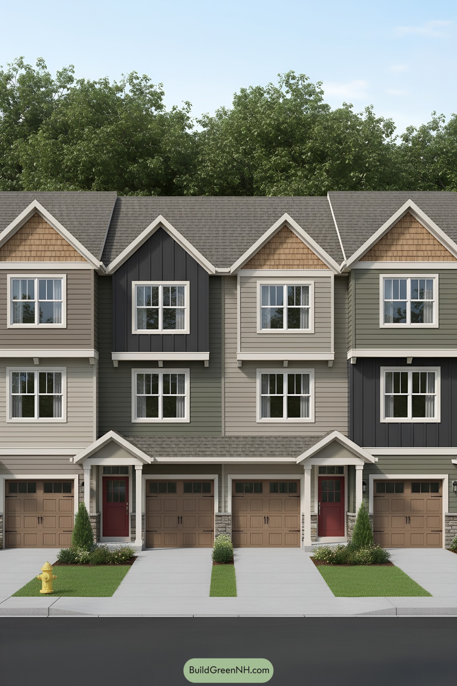 Three gabled townhomes with mixed siding, stone bases, and warm wood-tone garage doors