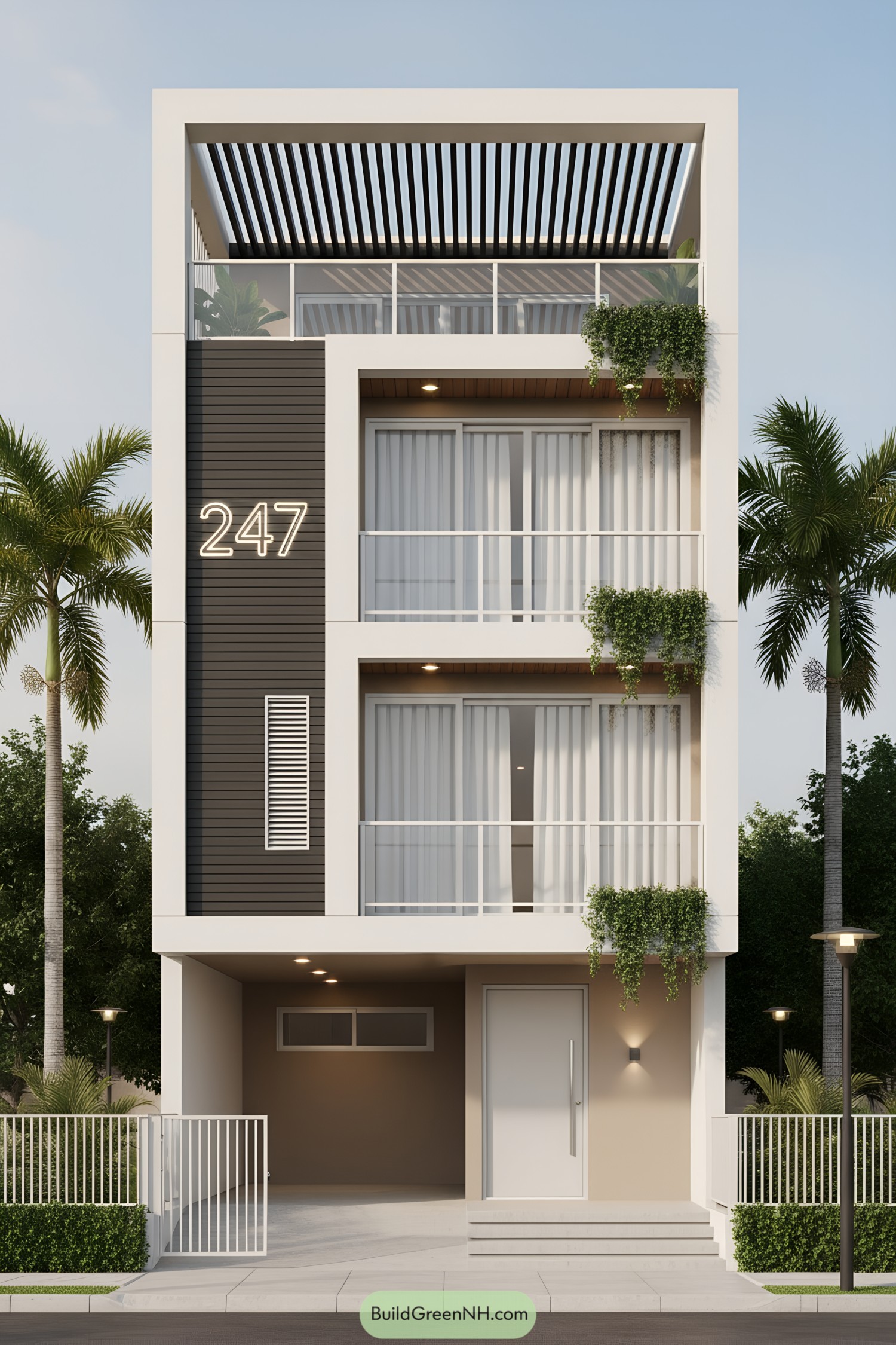Three-story modern rowhouse with rooftop pergola and slim balconies
