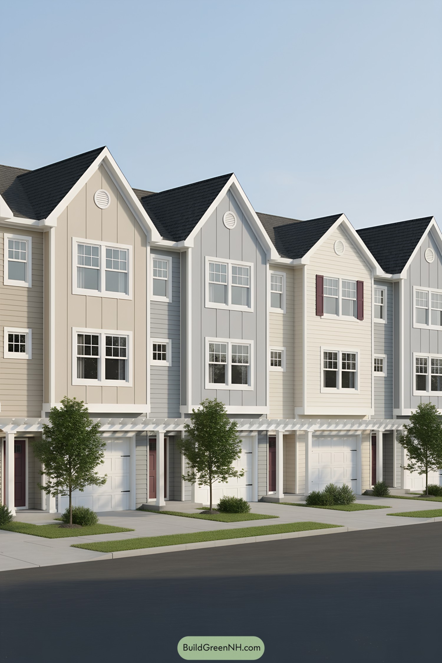 Rowhouses with gabled fronts, soft colors, and pergola-shaded entries