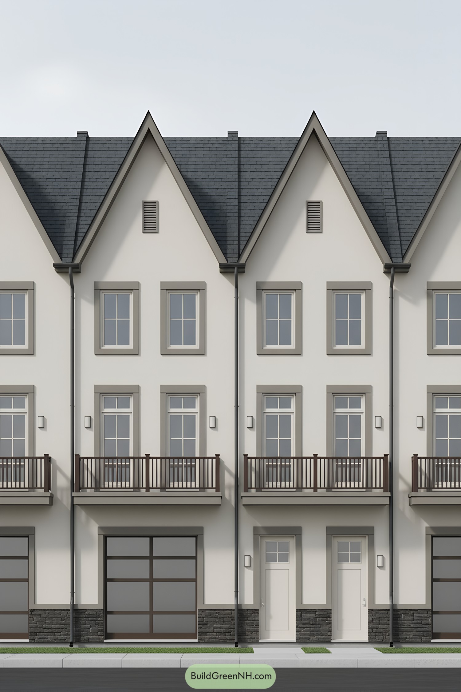 Rowhouse facade with steep gables and balconies