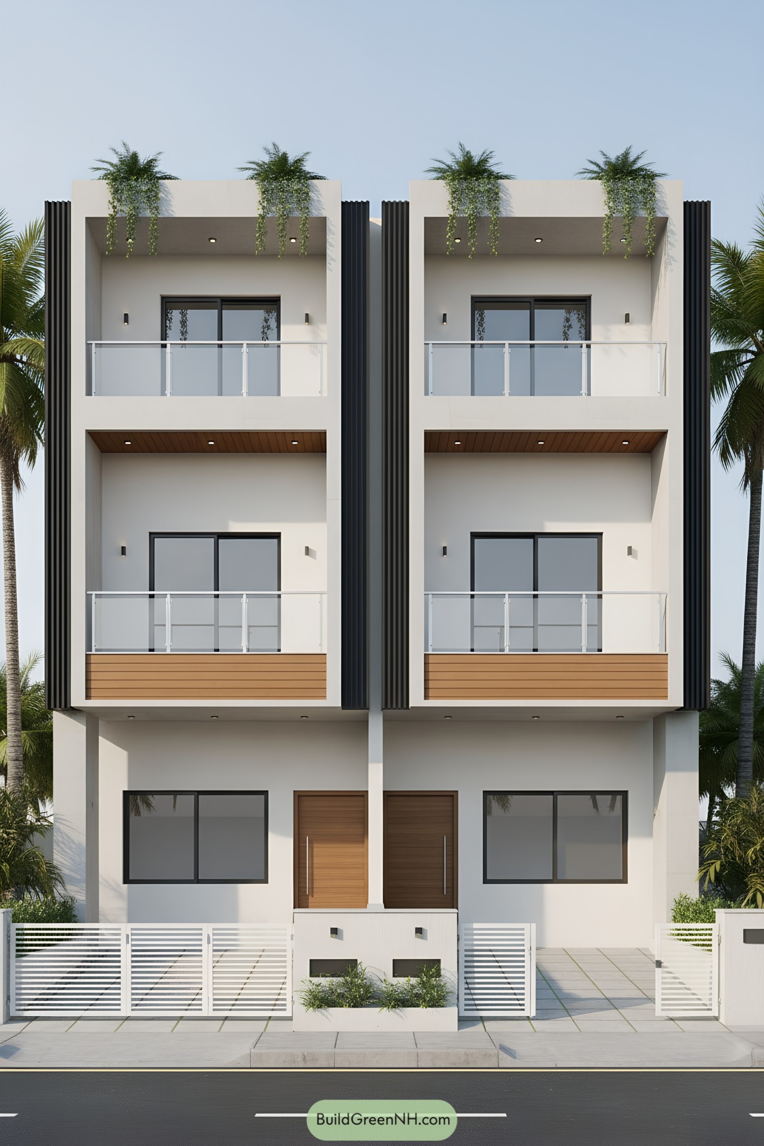 Modern twin rowhouses with balconies and rooftop planters