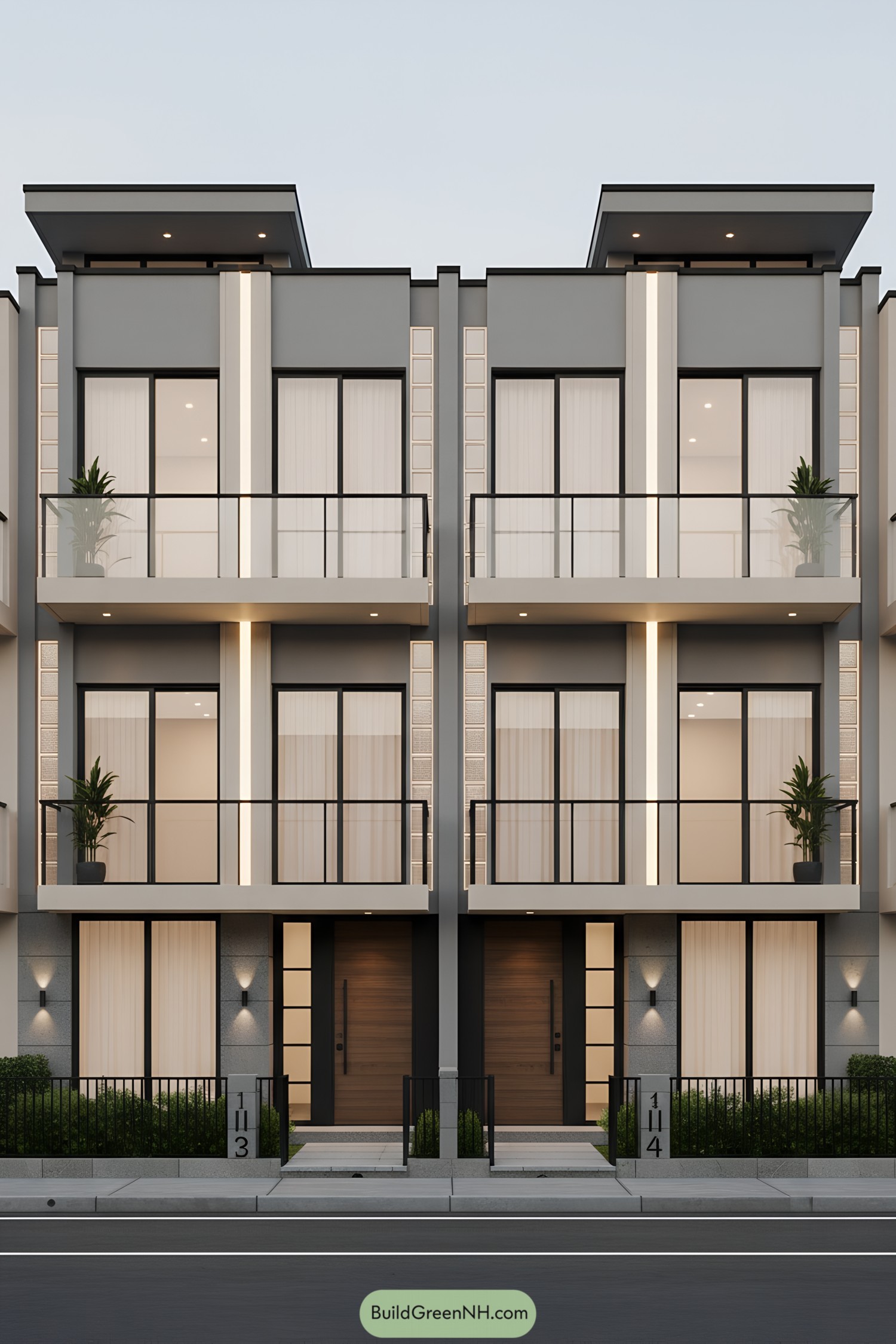 Modern twin rowhouses with glass balconies and vertical light strips