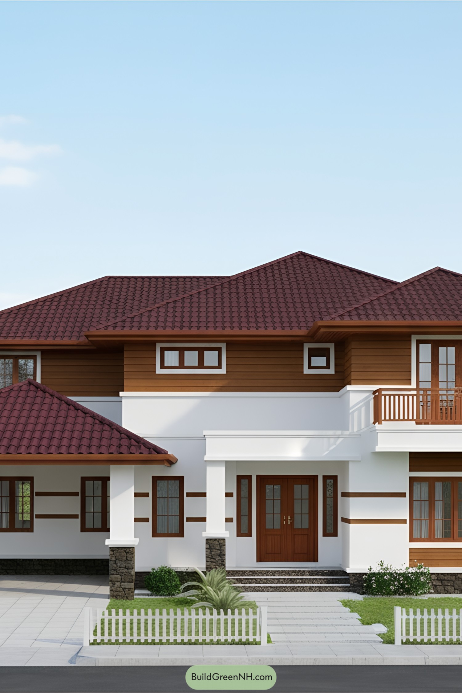 House with a sloped red roof and white facade