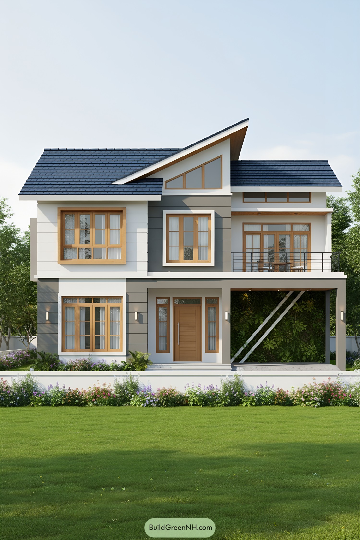 Modern house with angled roof and lush garden