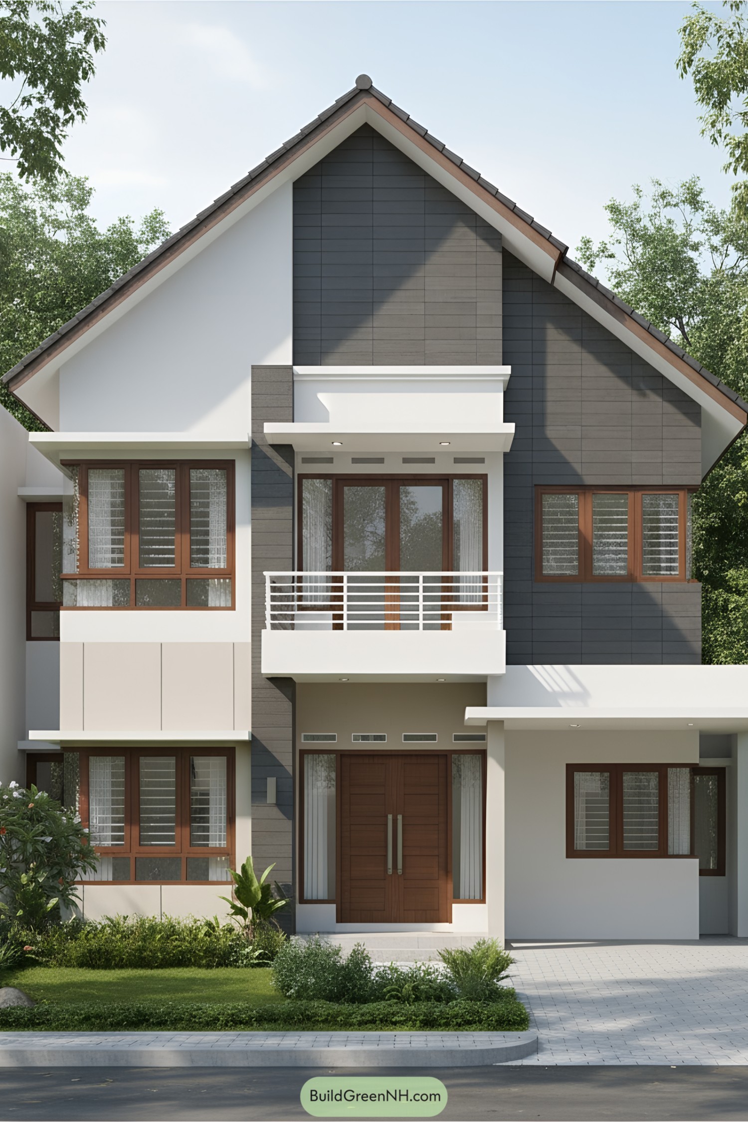 Modern house with a sloped roof and wooden accents