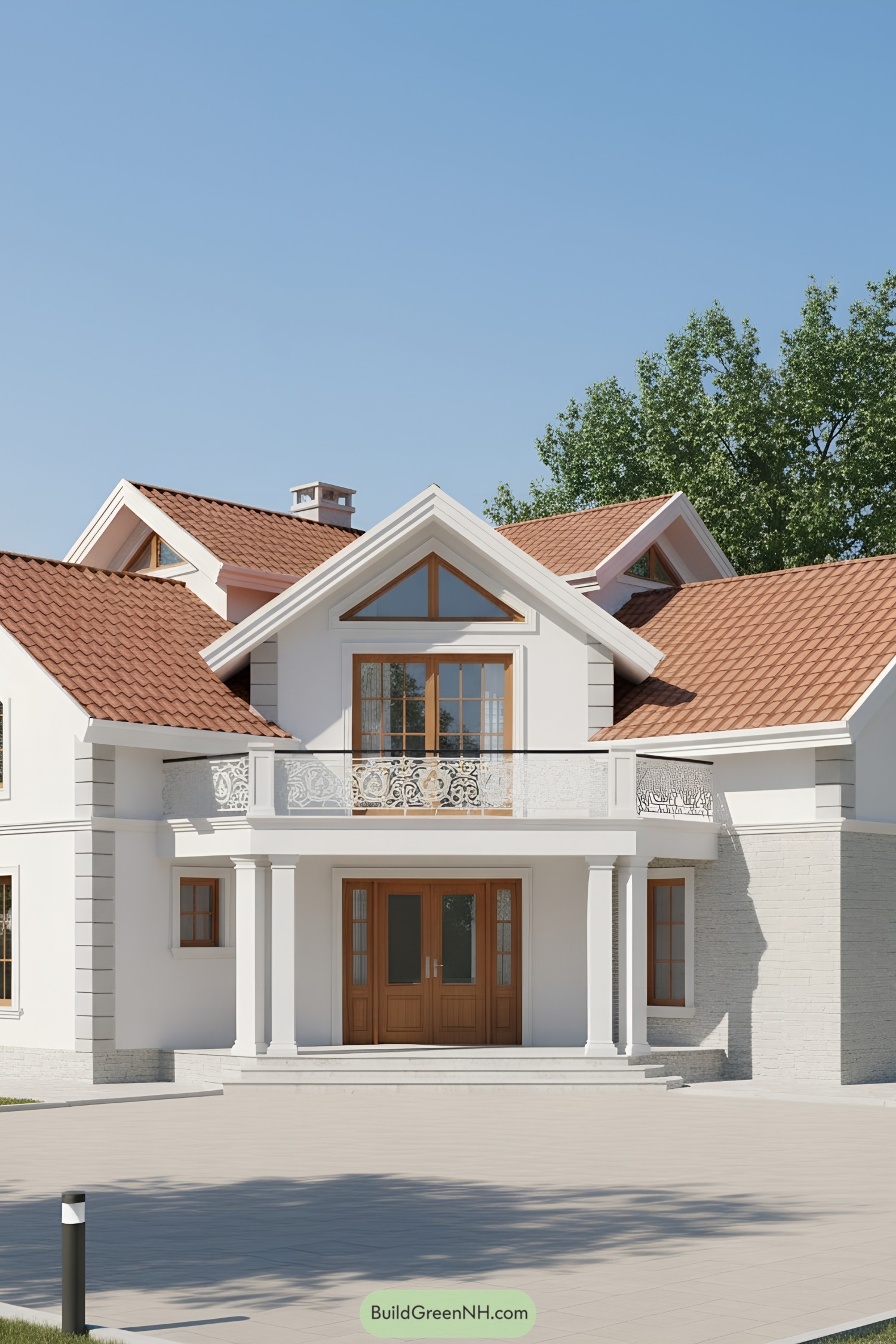 House with a steep sloped roof and elegant facade