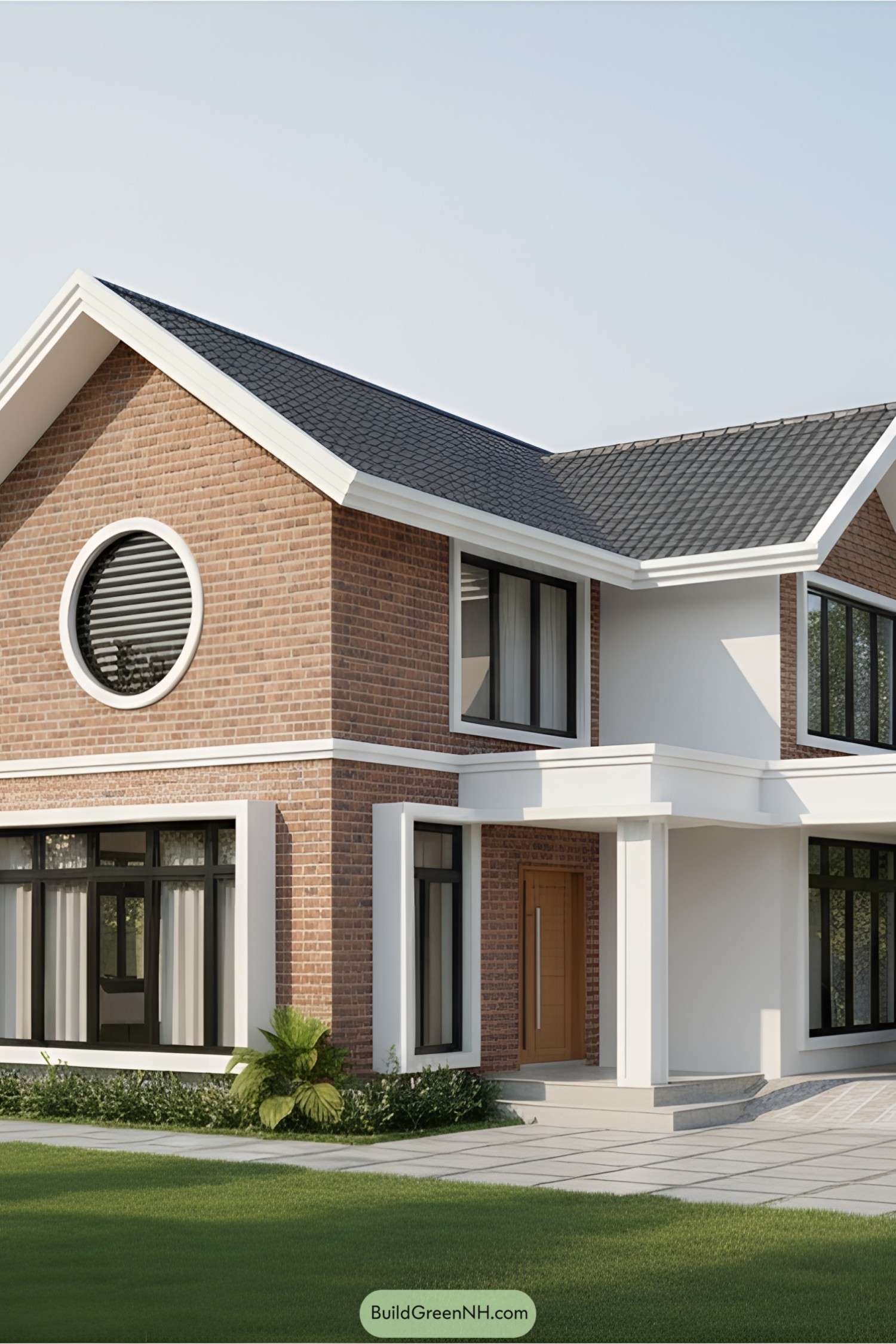 Brick house with a sloped roof and circular window