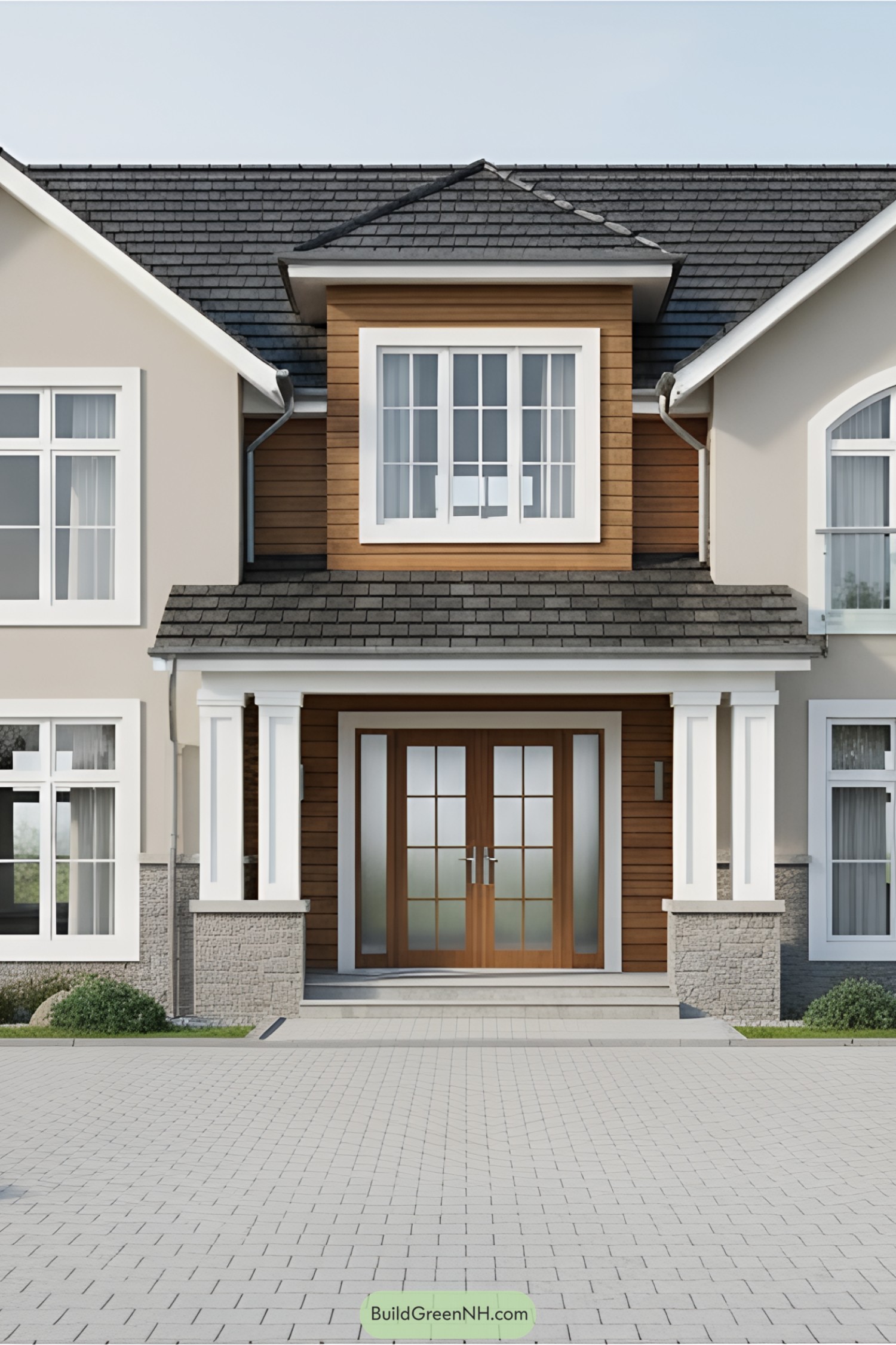 Front view of a contemporary house with a sloped roof