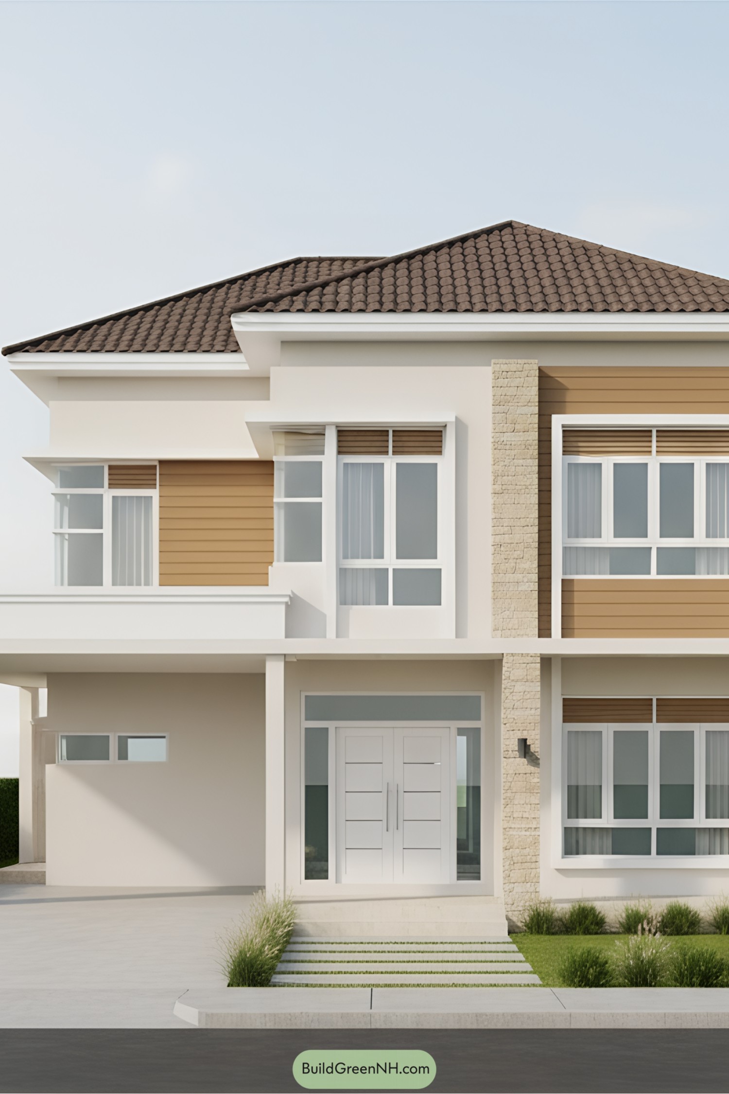 Modern house with a sloped roof and large windows