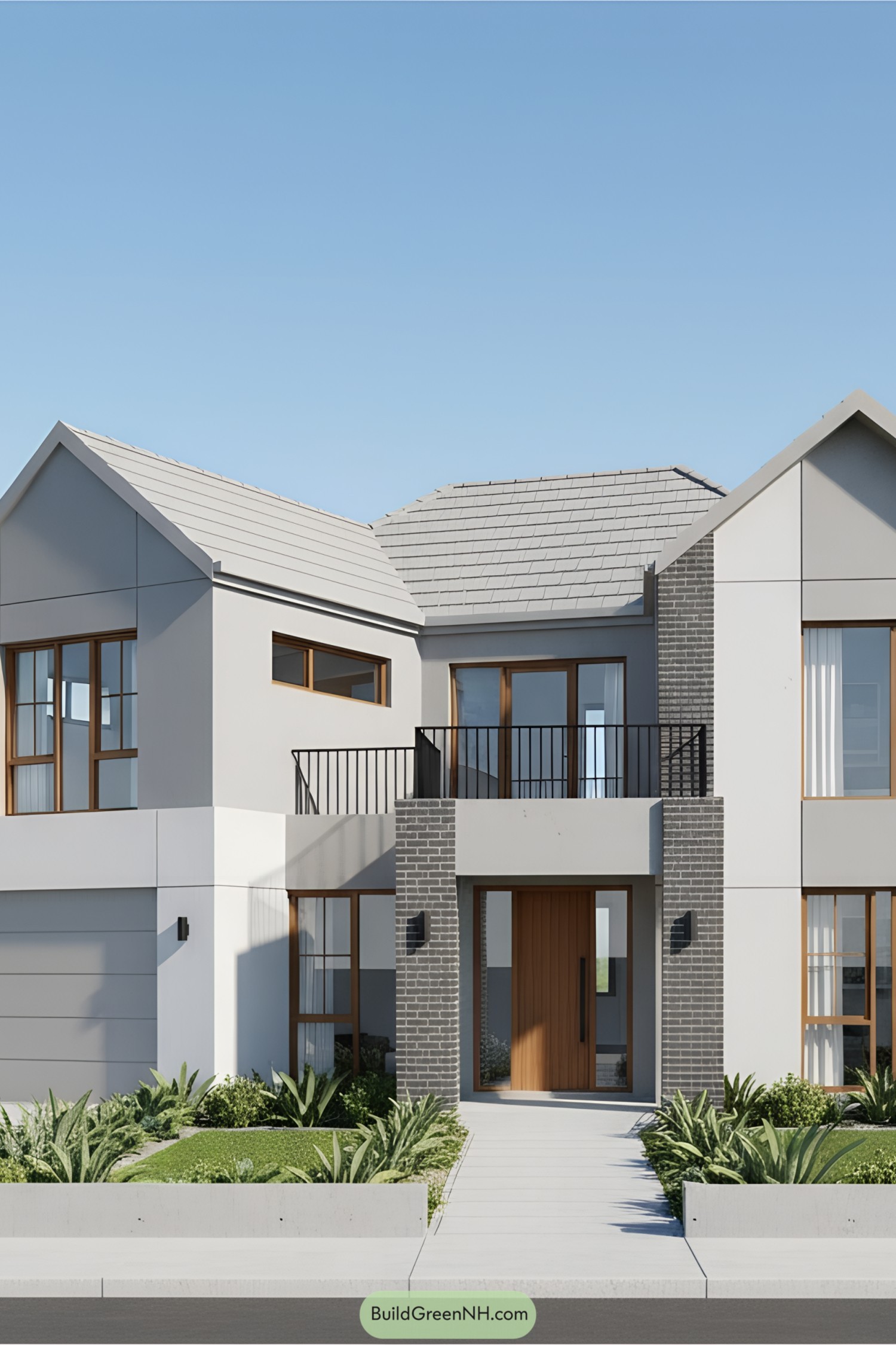 Modern house with a gray sloped roof and large windows