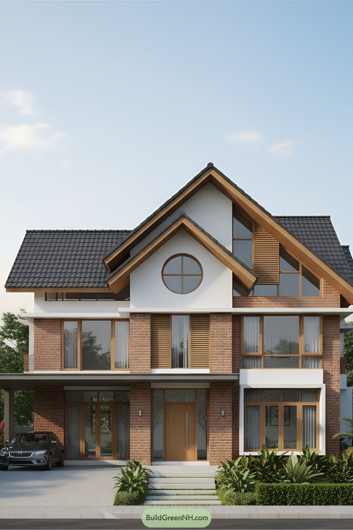Two-Story Brick House with Unique Roof Design