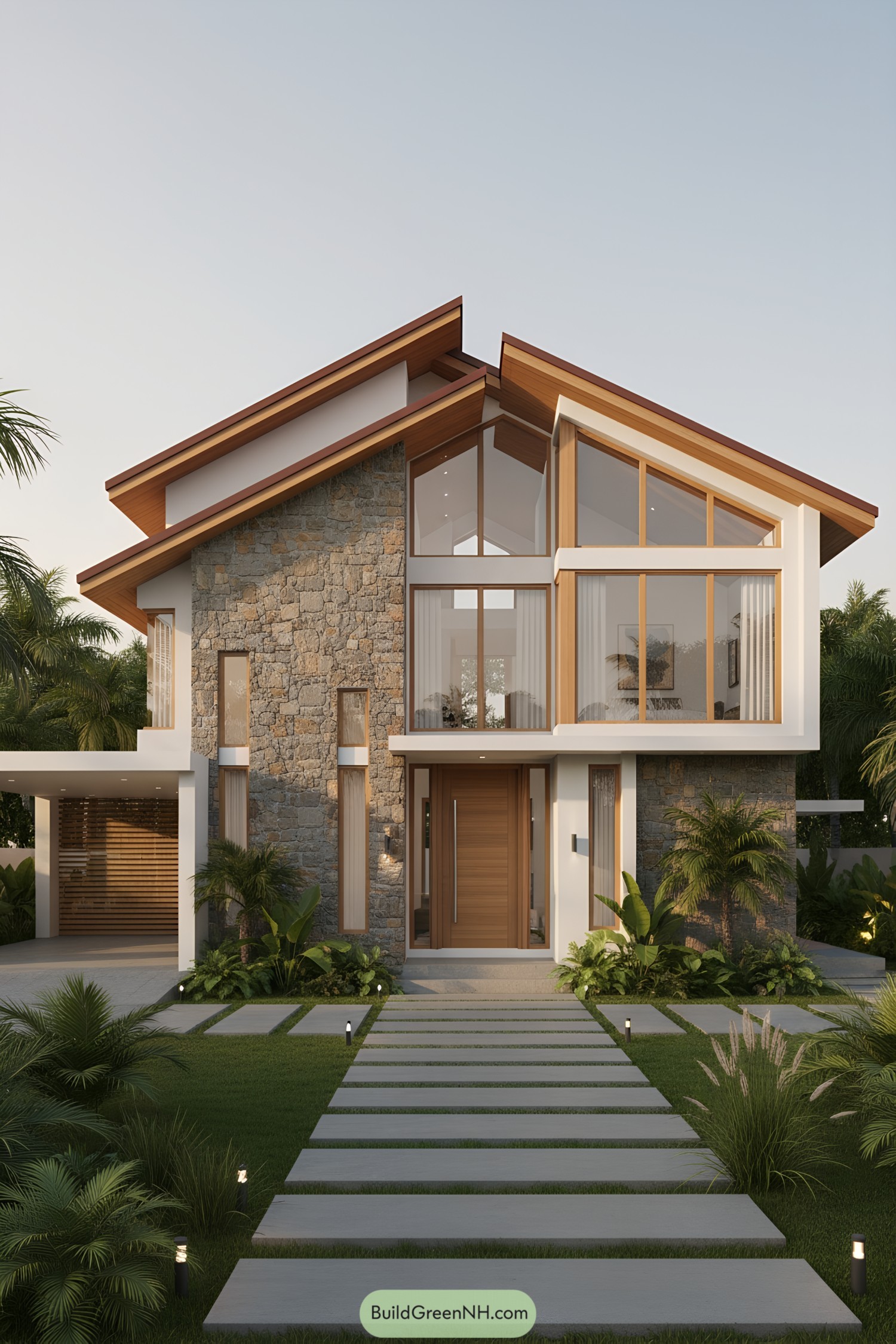 Modern house with a sloped roof and stone facade