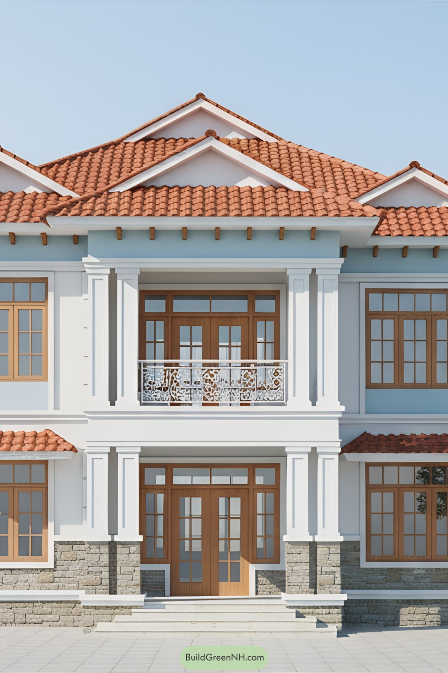 Elegant elevation with red tiled roof and wooden accents