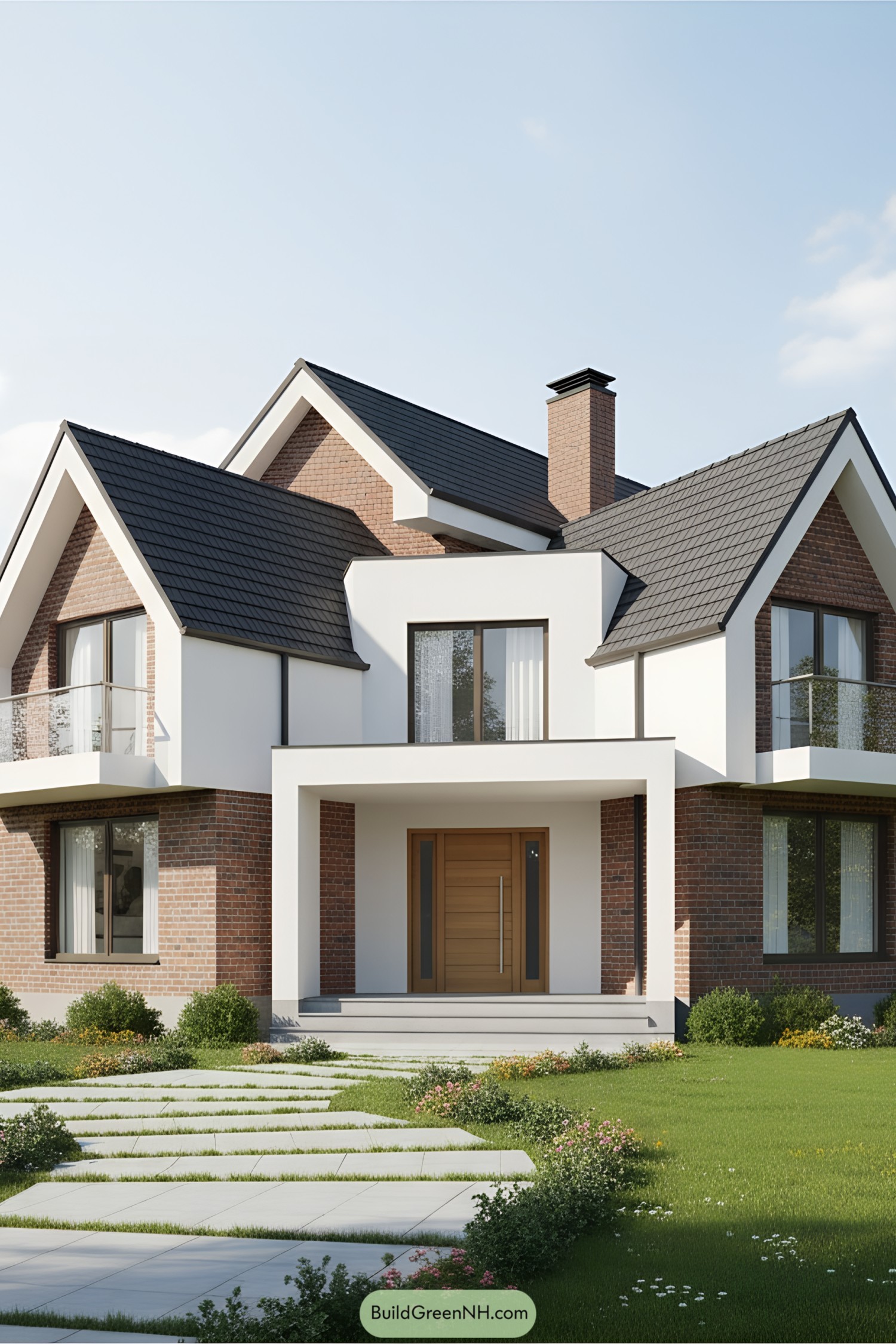 Modern house with peaked roofs and brick facade