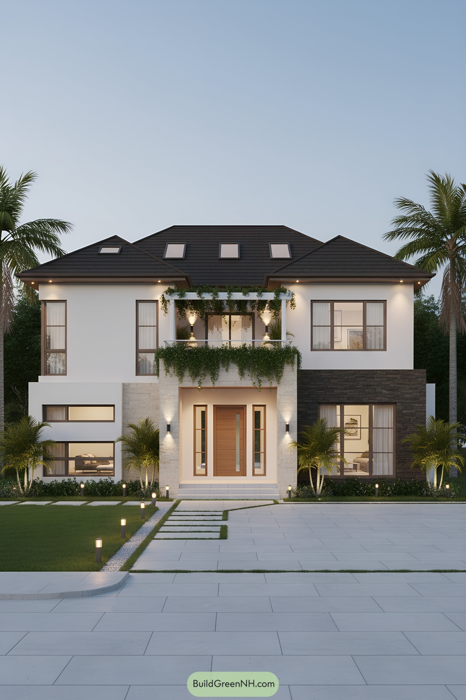 Two-story house with a sloped roof and large windows
