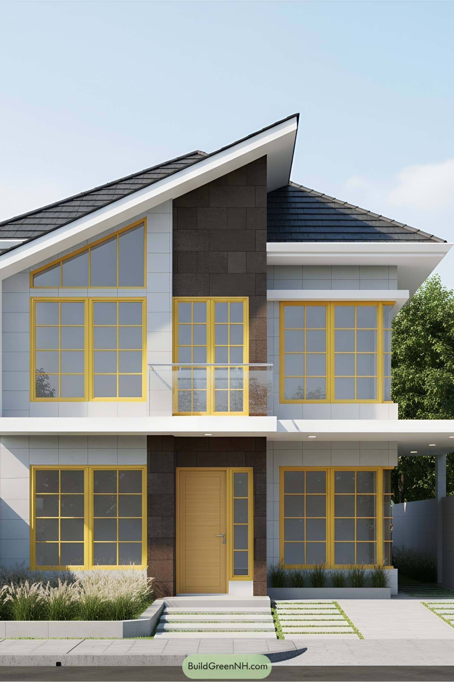 Modern house with a large sloped roof and vibrant windows